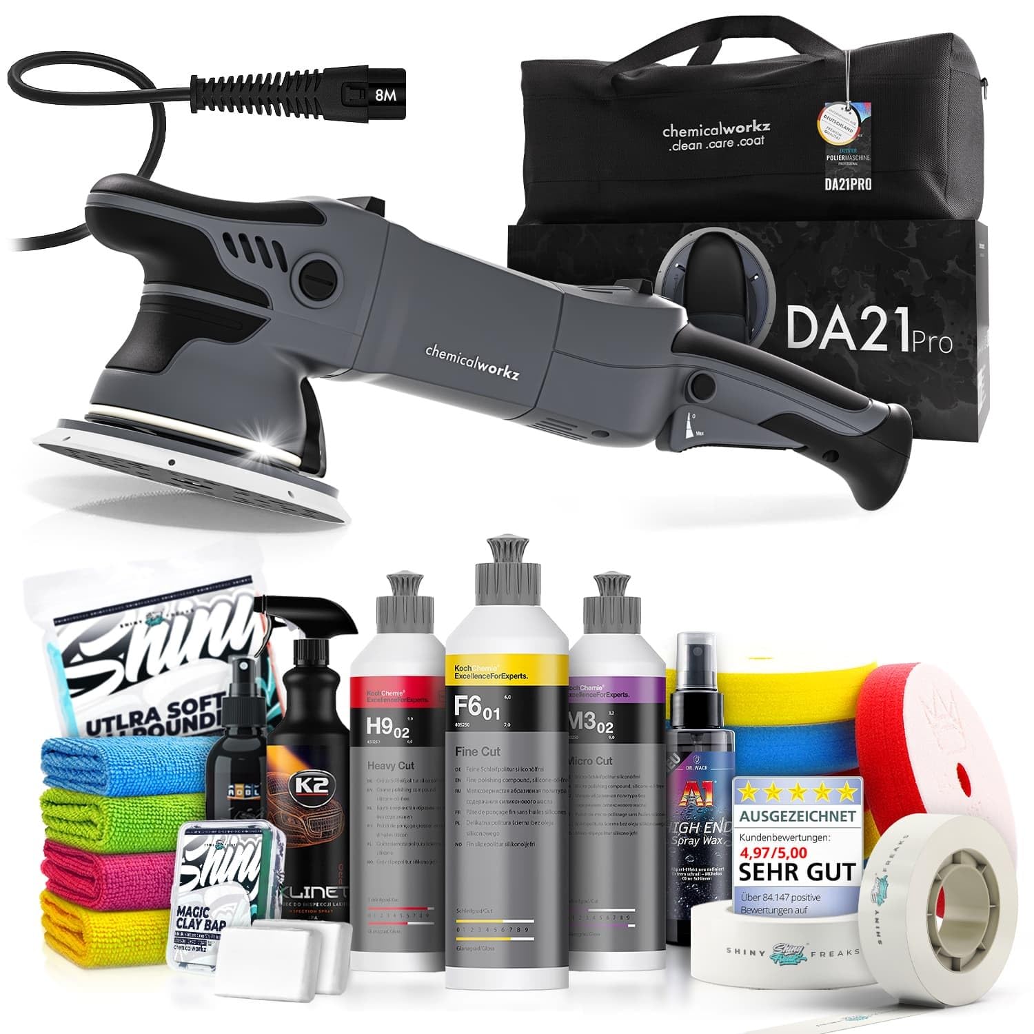 Poliermaschinen Set: chemicalworkz DA21 Pro Exzenter Poliermaschine + Koch Chemie Politur Set + Royal Pads Premium Polierpads + Dr. Wack Versiegelung für Lack + Zubehör | 20-teilig Poliermaschinen Set: chemicalworkz DA21 Pro Exzenter Poliermaschine + Koch Chemie Politur Set + Royal Pads Premium Polierpads + Dr. Wack Versiegelung für Lack + Zubehör | 20-teilig von Shiny Freaks