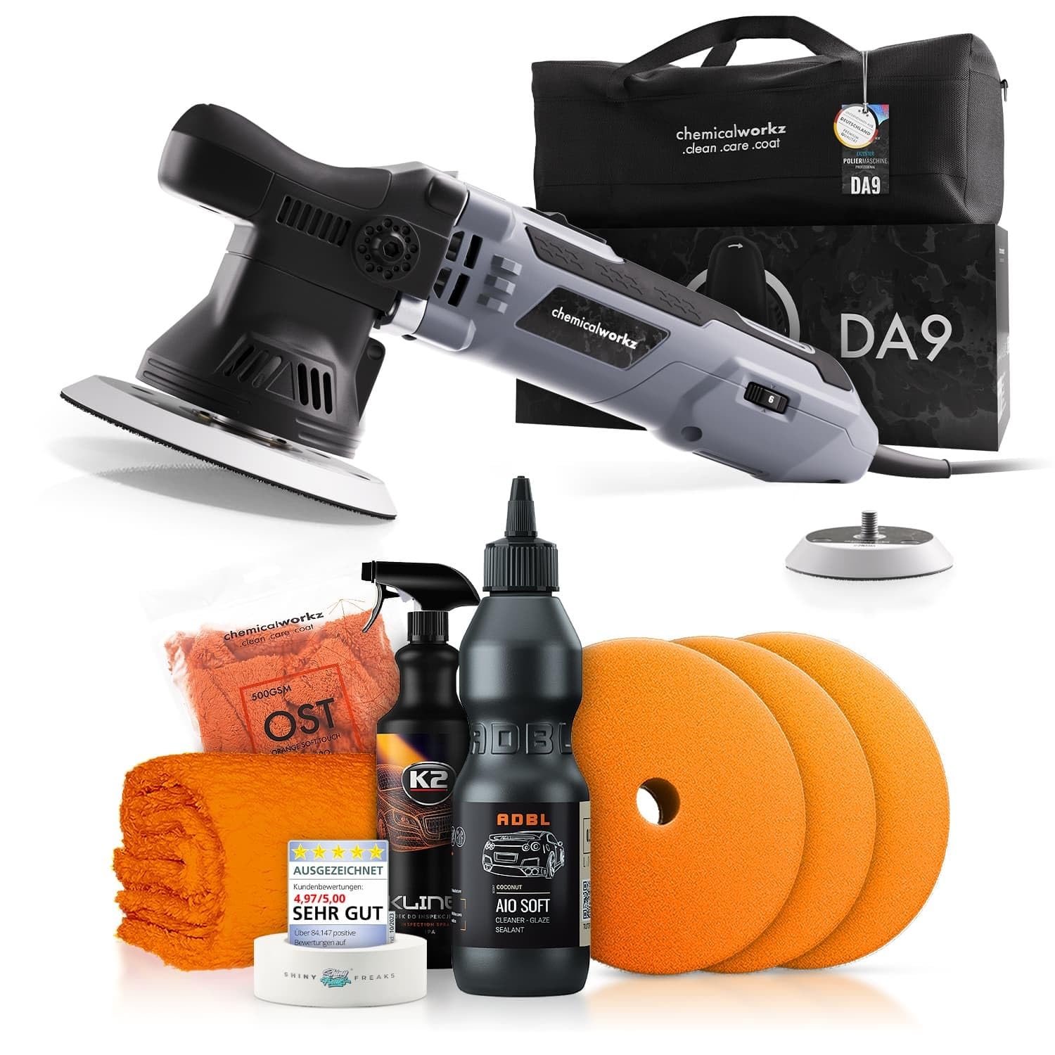 Poliermaschinen Set: chemicalworkz DA9 Exzenter Poliermaschine + ADBL One-Step Politur + Royal Pads Polierpads + Zubehör - Auto Lack Politur, Kratzer entfernen, Aufbereitung | 8-teilig Poliermaschinen Set: chemicalworkz DA9 Exzenter Poliermaschine + ADBL One-Step Politur + Royal Pads Polierpads + Zubehör - Auto Lack Politur, Kratzer entfernen, Aufbereitung | 8-teilig von Shiny Freaks
