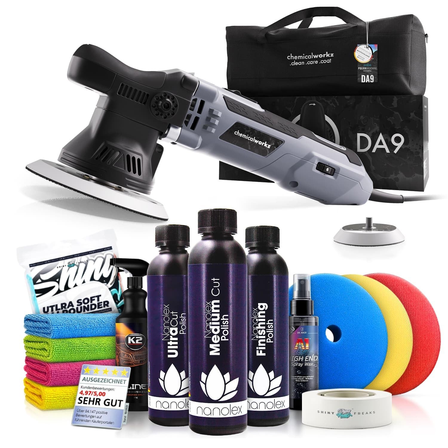 Poliermaschinen Set: chemicalworkz DA9 Exzenter Poliermaschine + Nanolex Politur Set + Royal Pads Premium Polierpads + Dr. Wack Lackversiegelung + Zubehör | 14-teilig von Shiny Freaks