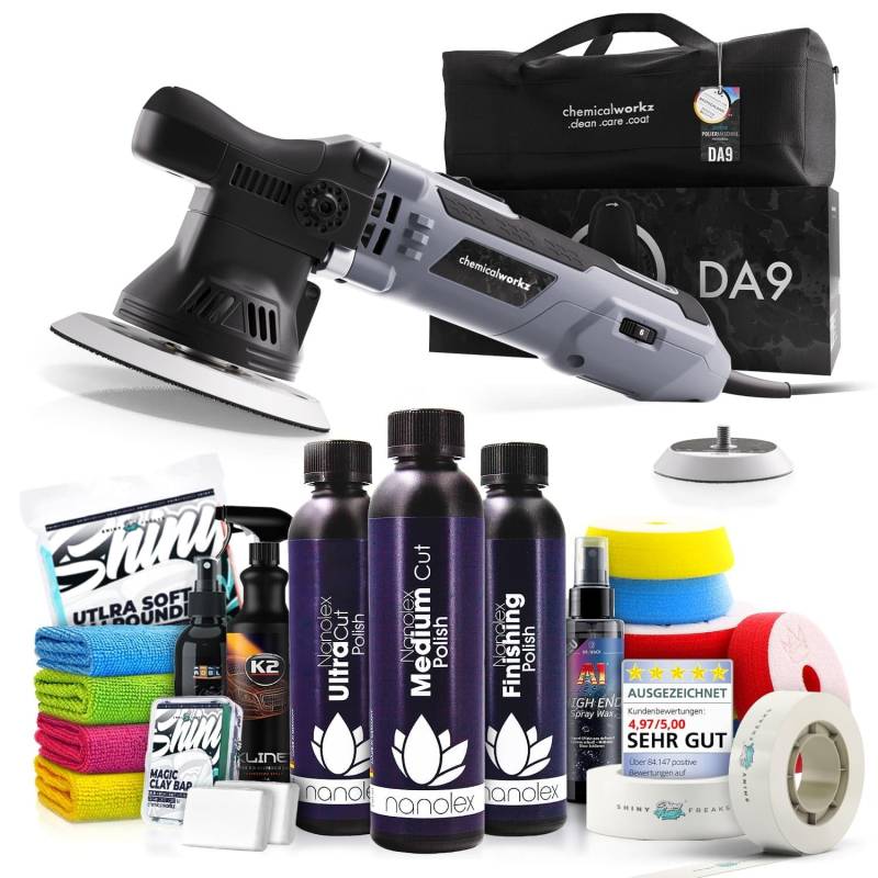 Poliermaschinen Set: chemicalworkz DA9 Exzenter Poliermaschine + Nanolex Politur Set + Royal Pads Premium Polierpads + Dr. Wack Versiegelung für Lack + Zubehör | 20-teilig von Shiny Freaks