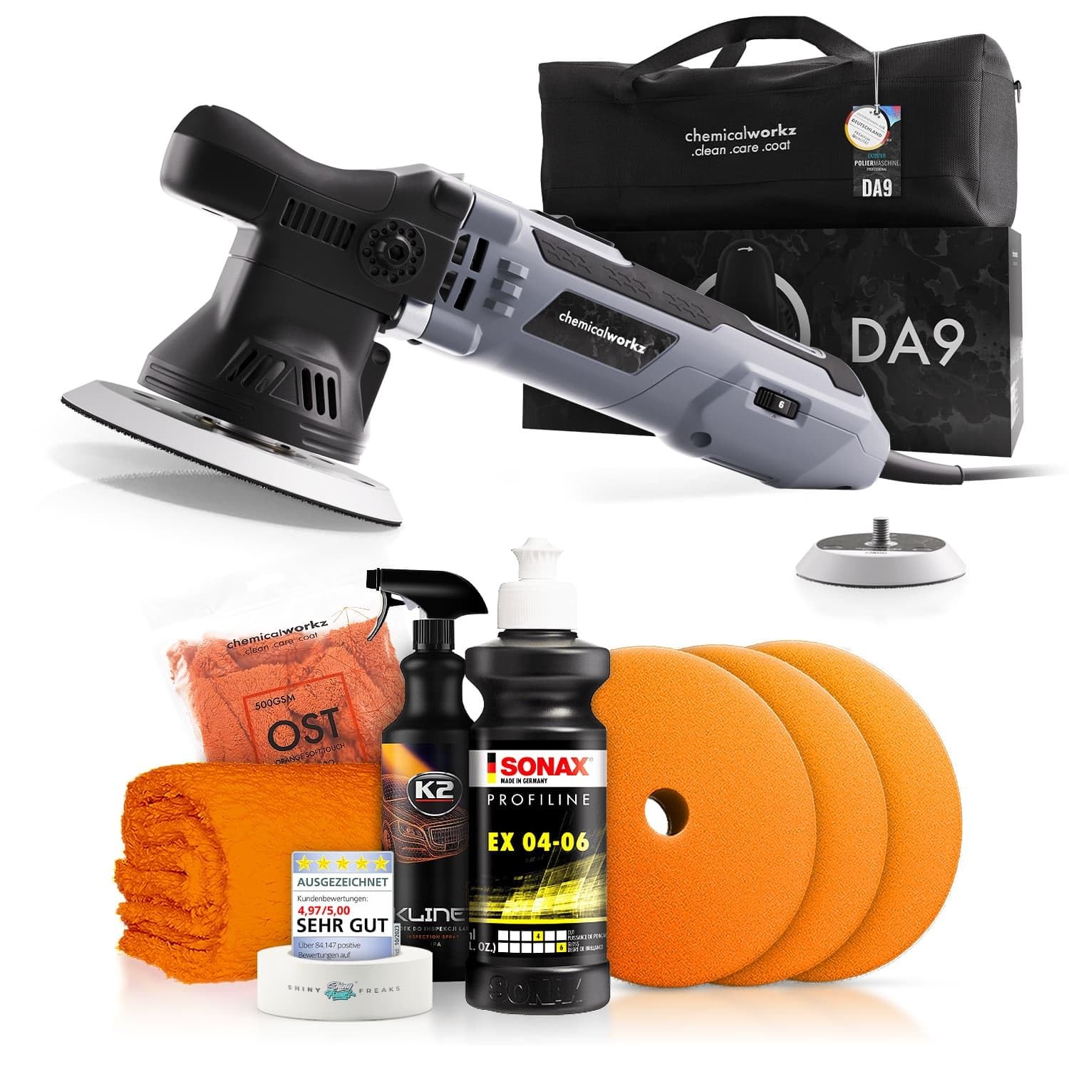 Poliermaschinen Set: chemicalworkz DA9 Exzenter Poliermaschine + Sonax One-Step Politur + Royal Pads Polierpads + Zubehör - Auto Lack Politur, Kratzer entfernen, Aufbereitung | 8-teilig Poliermaschinen Set: chemicalworkz DA9 Exzenter Poliermaschine + Sonax One-Step Politur + Royal Pads Polierpads + Zubehör - Auto Lack Politur, Kratzer entfernen, Aufbereitung | 8-teilig von Shiny Freaks