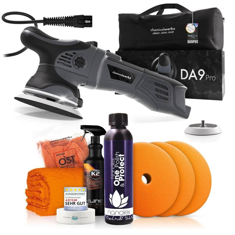 Poliermaschinen Set: chemicalworkz DA9 Pro Exzenter Poliermaschine + Nanolex One-Step Politur + Royal Pads Polierpads + Zubehör - Auto Lack Politur, Kratzer entfernen, Aufbereitung | 8-teilig von Shiny Freaks