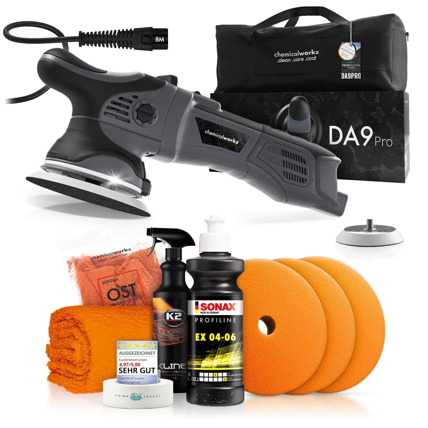 Poliermaschinen Set: chemicalworkz DA9 Pro Exzenter Poliermaschine + Sonax One-Step Politur + Royal Pads Polierpads + Zubehör - Auto Lack Politur, Kratzer entfernen, Aufbereitung | 8-teilig Poliermaschinen Set: chemicalworkz DA9 Pro Exzenter Poliermaschine + Sonax One-Step Politur + Royal Pads Polierpads + Zubehör - Auto Lack Politur, Kratzer entfernen, Aufbereitung | 8-teilig von Shiny Freaks