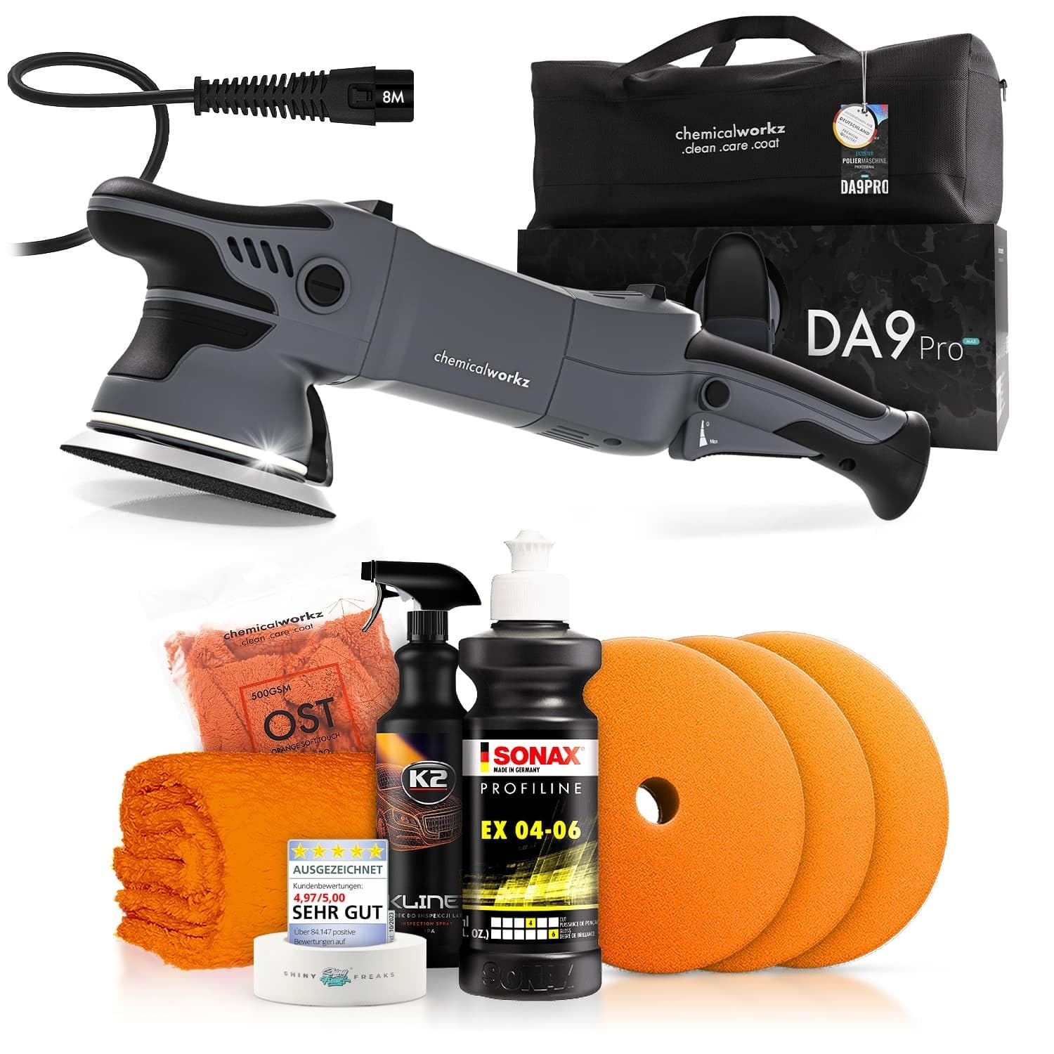 Poliermaschinen Set: chemicalworkz DA9 Pro Max Exzenter Poliermaschine + Sonax One-Step Politur + Royal Pads Polierpads + Zubehör - Auto Lack Politur, Kratzer entfernen, Aufbereitung | 8-teilig Poliermaschinen Set: chemicalworkz DA9 Pro Max Exzenter Poliermaschine + Sonax One-Step Politur + Royal Pads Polierpads + Zubehör - Auto Lack Politur, Kratzer entfernen, Aufbereitung | 8-teilig von Shiny Freaks
