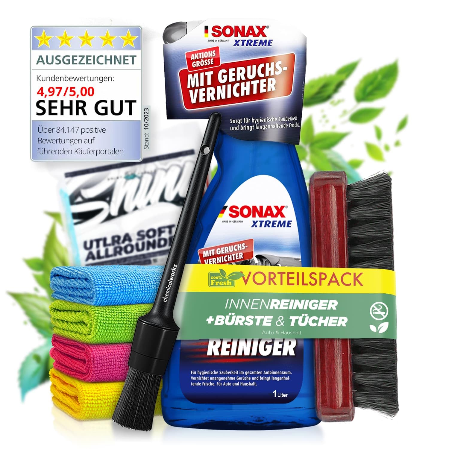 SONAX XTREME AutoInnenReiniger (1L) – Innenraumreiniger Set inkl. Bürste, Pinsel & Mikrofasertücher - Auto Innenreiniger mit Geruchsvernichter für hygienische Sauberkeit im Auto & Haushalt | 7-teilig von Shiny Freaks