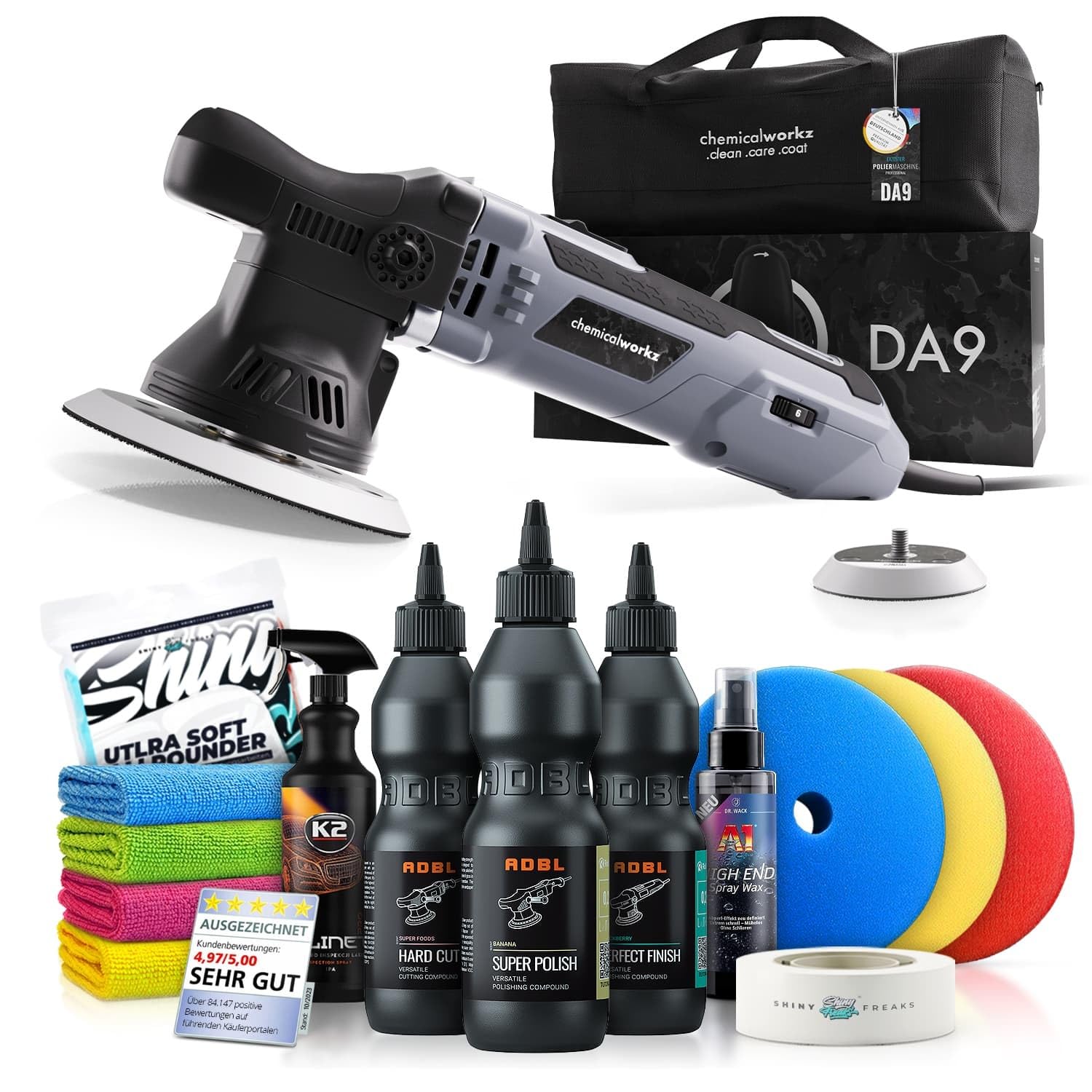 Poliermaschinen Set: chemicalworkz DA9 Exzenter Poliermaschine + ADBL Politur Set + Royal Pads Premium Polierpads + Dr. Wack Lackversiegelung + Zubehör | 14-teilig Poliermaschinen Set: chemicalworkz DA9 Exzenter Poliermaschine + ADBL Politur Set + Royal Pads Premium Polierpads + Dr. Wack Lackversiegelung + Zubehör | 14-teilig von Shiny Freaks