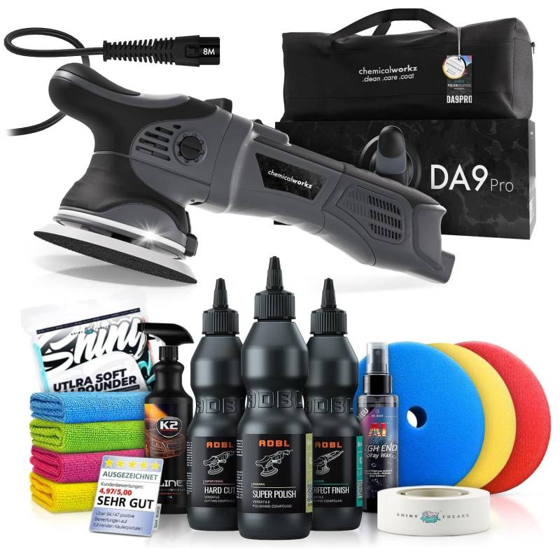 Poliermaschinen Set: chemicalworkz DA9 Pro Exzenter Poliermaschine + ADBL Politur Set + Royal Pads Premium Polierpads + Dr. Wack Lackversiegelung + Zubehör | 14-teilig von Shiny Freaks