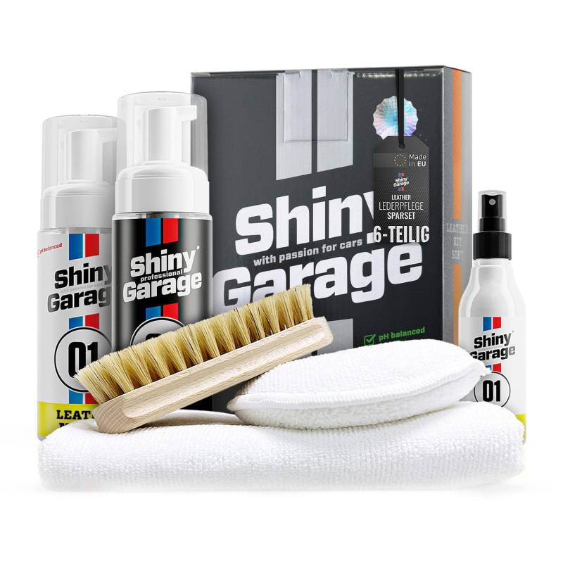 Shiny Garage Lederpflege-Set Strong: Leather Kit - Leder Reinigung & Pflege inkl. Lederbürste - Premium Auto Lederreiniger, Lederpflege Conditioner, Cleaner - Ideal für Autositze o. Sofas | 6-tlg. von Shiny Freaks