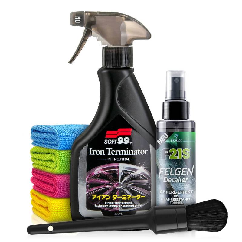Soft99 Iron Terminator Felgenreiniger pH-Neutral (500ml) Auto Felgenpflege Set - Entfernt schonend Verschmutzungen auf allen Felgen - Alufelgen, Stahlfelgen, Flugrostentferner, Pinsel | 7-teilig von Shiny Freaks