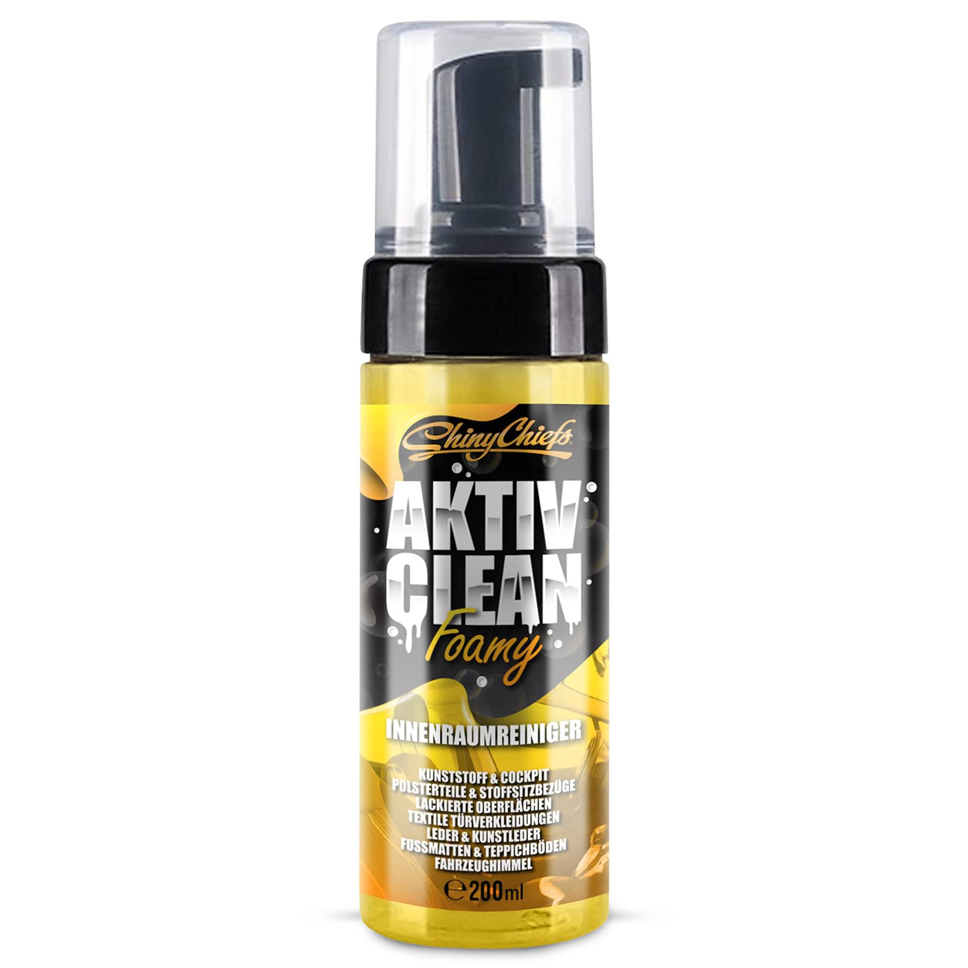 ShinyChiefs AKTIV CLEAN Foamy - Auto-Innenraumreiniger - Universal Autoschaum für den gesamten Innenraum - Leder, Kunstleder, Kunststoff, Gummi, Vinyl, Stoff, Lack & Polster, angenehmer Duft, 200ml ShinyChiefs AKTIV CLEAN Foamy - Auto-Innenraumreiniger - Universal Autoschaum für den gesamten Innenraum - Leder, Kunstleder, Kunststoff, Gummi, Vinyl, Stoff, Lack & Polster, angenehmer Duft, 200ml von ShinyChiefs