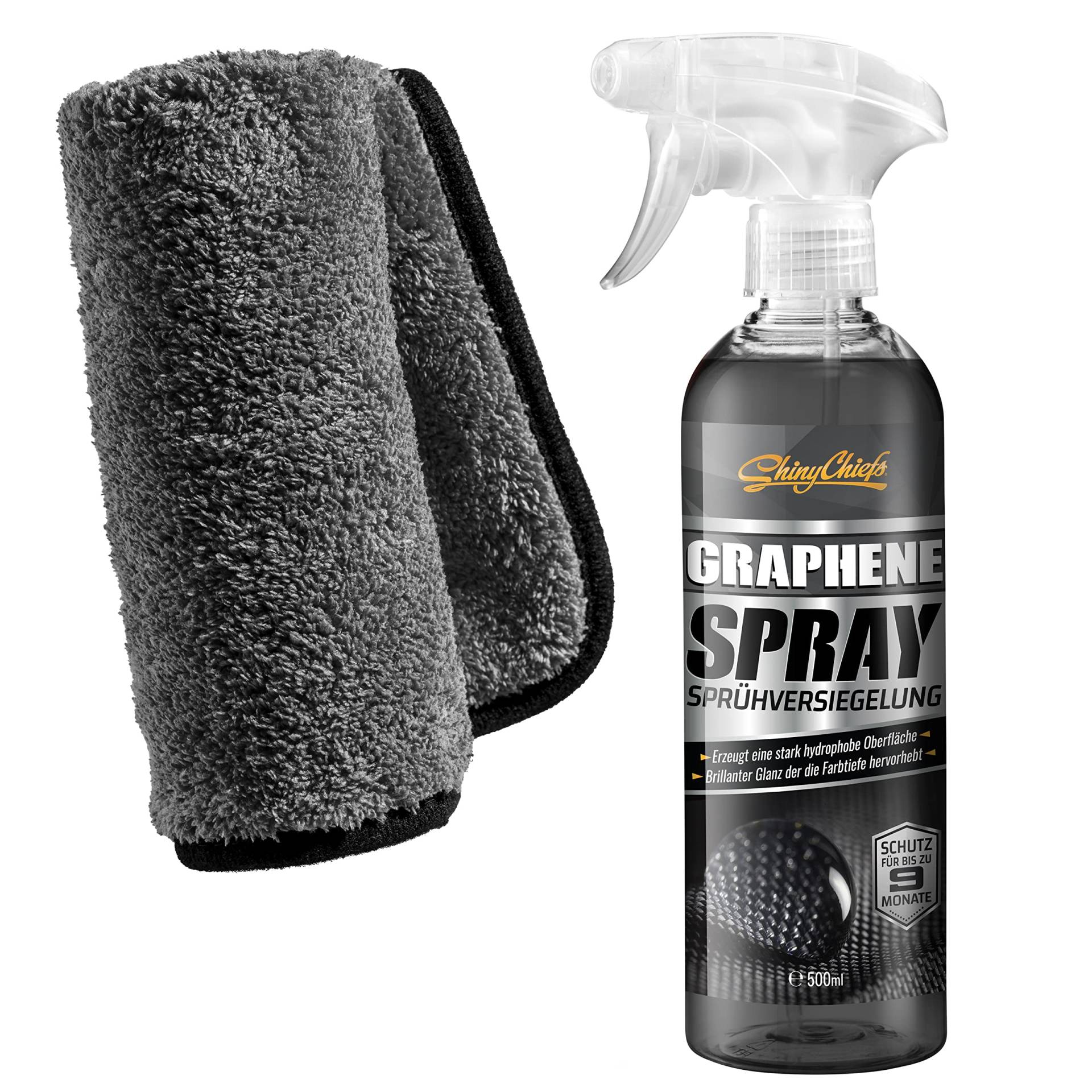 ShinyChiefs Graphene Spray Set - Autolack Sprühversiegelung mit Graphene Harzen - Langanhaltender Schutz von Wachs und Versiegelung - hydrophober Schutz mit Hochglanz-Effekt, 500ml & Microfasertuch ShinyChiefs Graphene Spray Set - Autolack Sprühversiegelung mit Graphene Harzen - Langanhaltender Schutz von Wachs und Versiegelung - hydrophober Schutz mit Hochglanz-Effekt, 500ml & Microfasertuch von ShinyChiefs