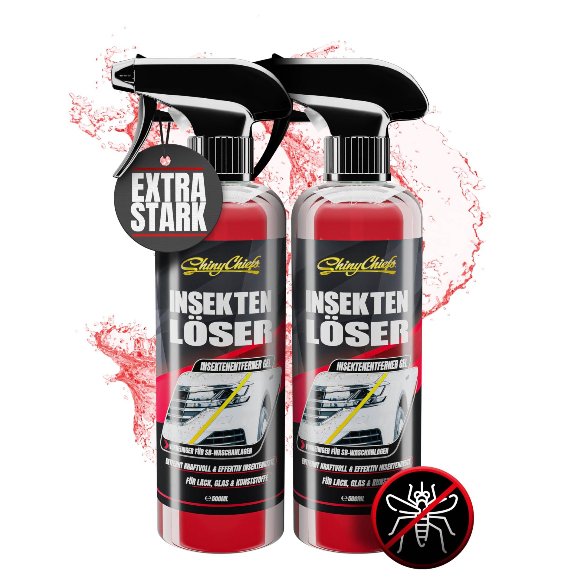 ShinyChiefs INSEKTENLÖSER - Auto Insektenentferner mit Gel-Formel für Extreme Lösekraft - Ohne Aggressive Inhaltsstoffe - Insektenreiniger für Scheiben und die gesamte Fahrzeug-Front, 2X 500ml von ShinyChiefs