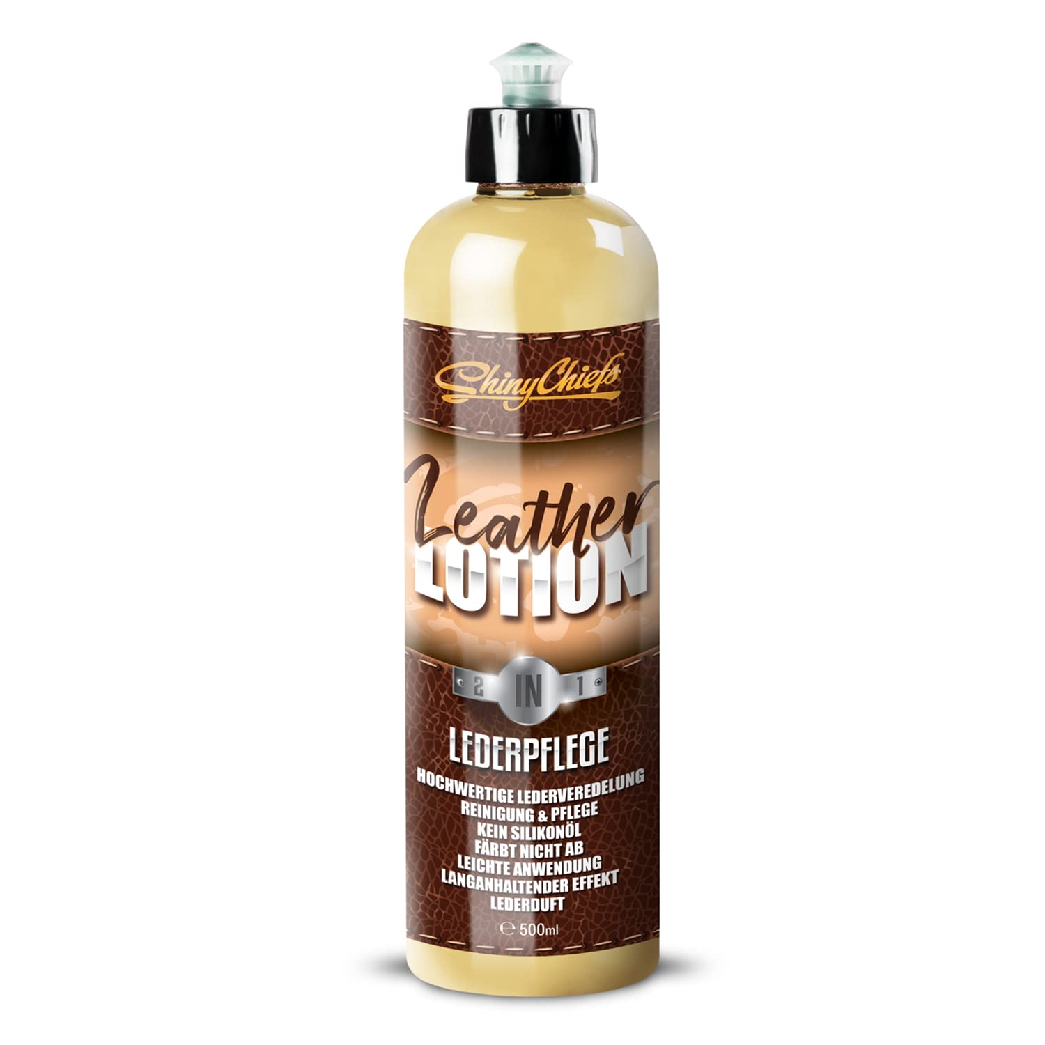 ShinyChiefs Leather Lotion 2in1 Lederpflege - Premium Lederreiniger und -Pflege für den Auto-Innenraum - Silikonölfreie, Nicht abfärbende Lederveredelung und Lederreinigung - Mit Lederduft, 500ml ShinyChiefs Leather Lotion 2in1 Lederpflege - Premium Lederreiniger und -Pflege für den Auto-Innenraum - Silikonölfreie, Nicht abfärbende Lederveredelung und Lederreinigung - Mit Lederduft, 500ml von ShinyChiefs