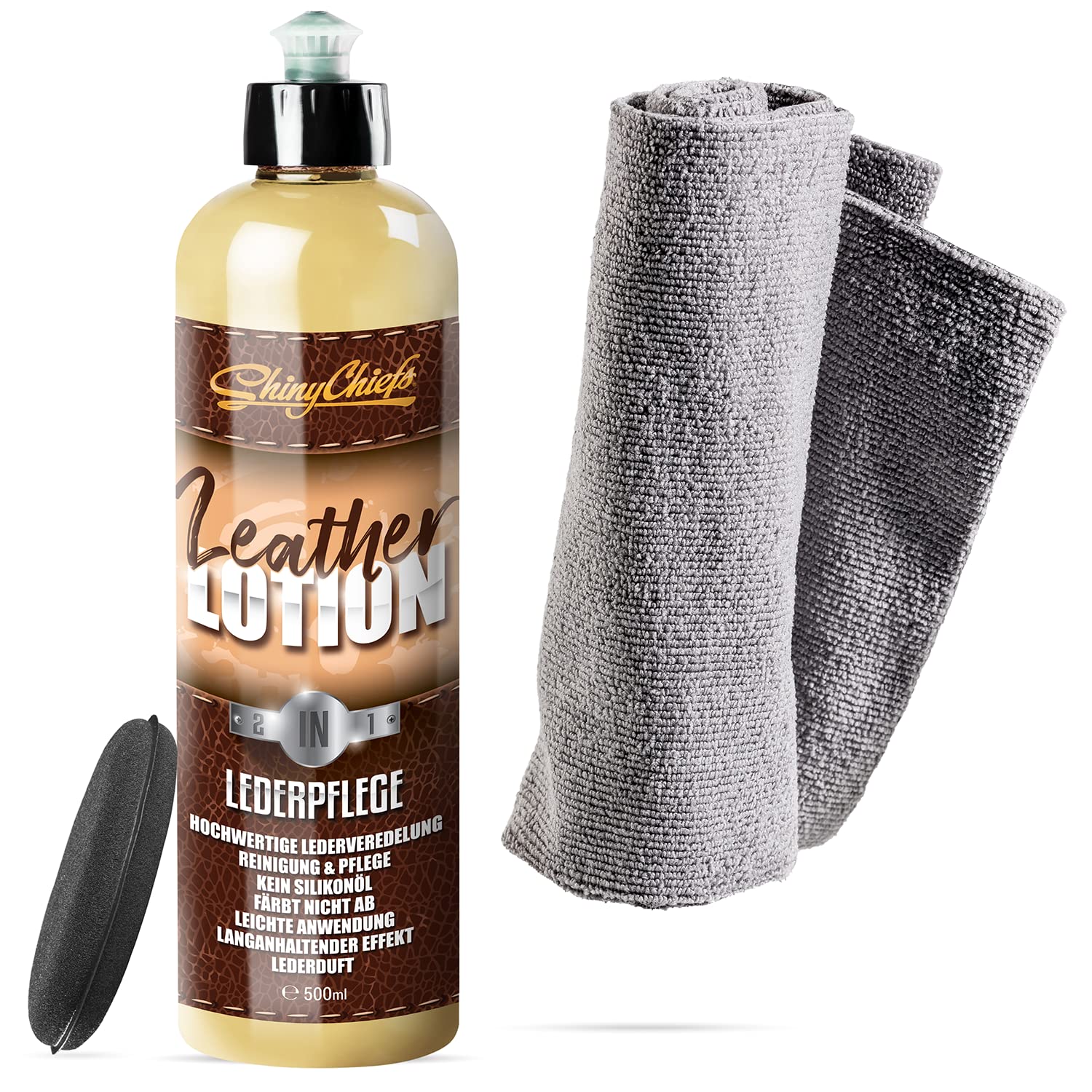 ShinyChiefs Leather Lotion 2in1 Lederpflege Set - Premium Lederreiniger und -Pflege für den Auto-Innenraum - Silikonölfreie, Nicht abfärbende Lederveredelung - mit Applikator & Mikrofasertuch, 500ml ShinyChiefs Leather Lotion 2in1 Lederpflege Set - Premium Lederreiniger und -Pflege für den Auto-Innenraum - Silikonölfreie, Nicht abfärbende Lederveredelung - mit Applikator & Mikrofasertuch, 500ml von ShinyChiefs