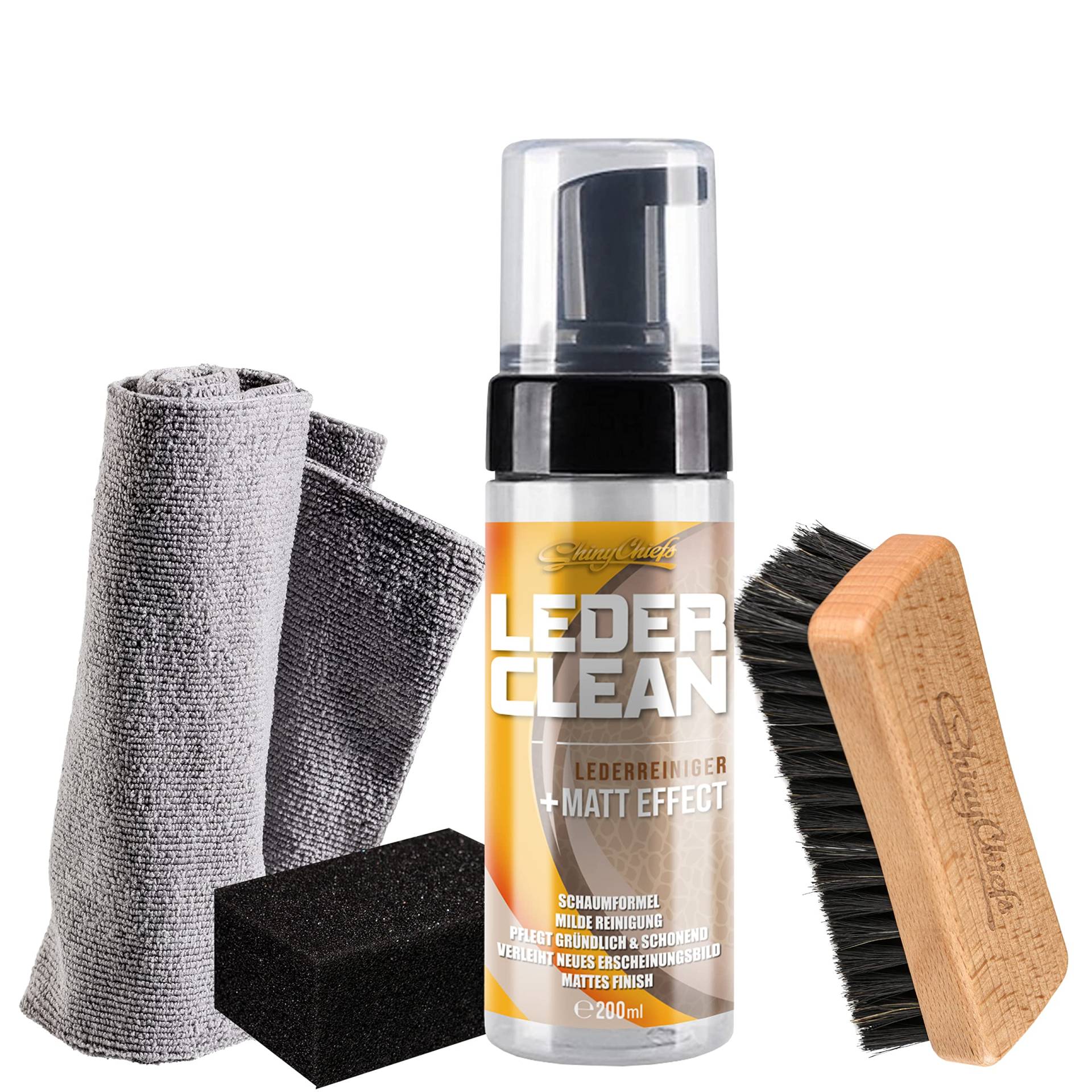 ShinyChiefs Leder CLEAN Komplett Set - Schaumreiniger für Ledersitze und Lenkräder - Pflege und Reinigung für Glattleder - mattierender Lederreiniger für Autositze, Pumpspender 200ml von ShinyChiefs