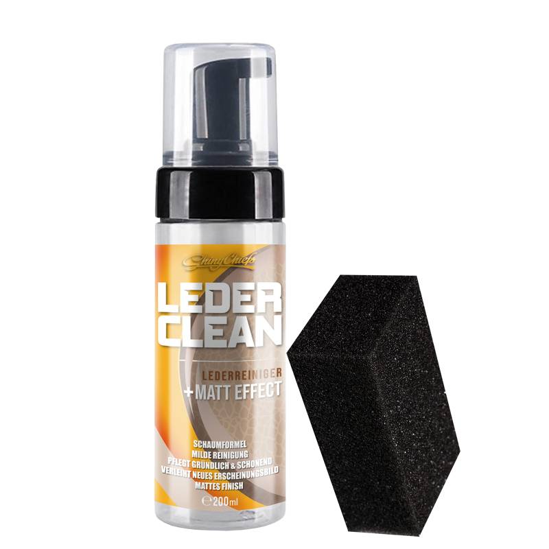 ShinyChiefs Leder Clean Set - Schaumreiniger für Ledersitze und Lenkräder - Lenkradpflege - Pflege und Reinigung für Glattleder - Lederreiniger für Autositze, Pumpspender 200ml, Auftragsschwamm von ShinyChiefs