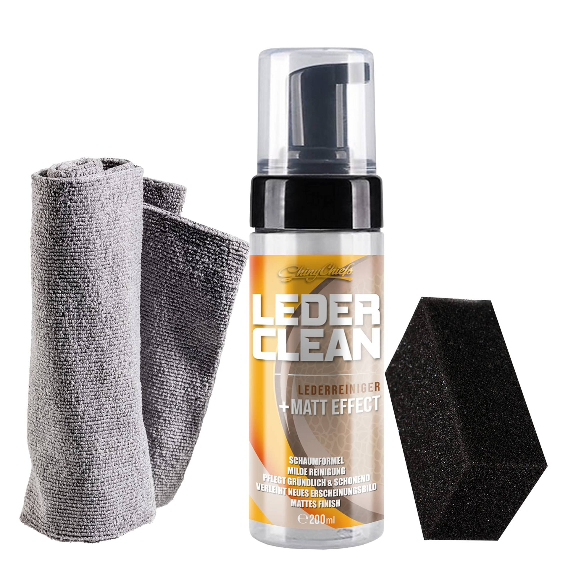 ShinyChiefs Leder CLEAN Set - Schaumreinigerset für Ledersitze und Lenkräder - mattierender Lederreiniger für Autositze und Glattleder, Set aus Pumpspender 200ml, Auftragsschwamm und Microfasertuch von ShinyChiefs