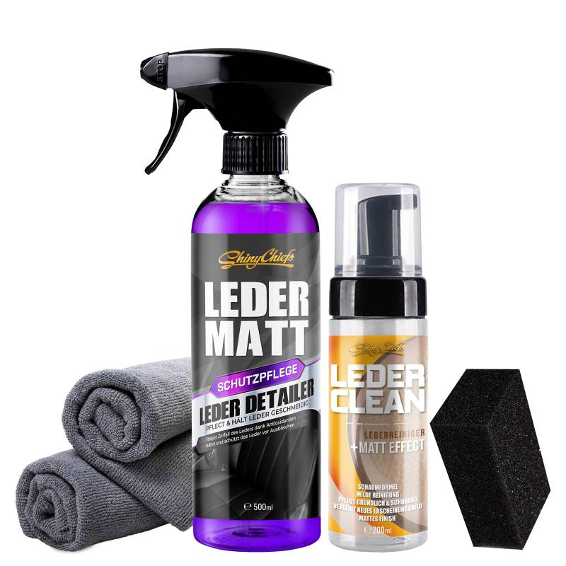 ShinyChiefs Leder MATT + Leder CLEAN KIT - Schaumreiniger für Ledersitze und Lenkräder + Versiegelnde Lederpflege mit Matt-Effekt für Glatt- und Kunstleder, 2 Mikrofasertücher & Auftragsschwamm von ShinyChiefs