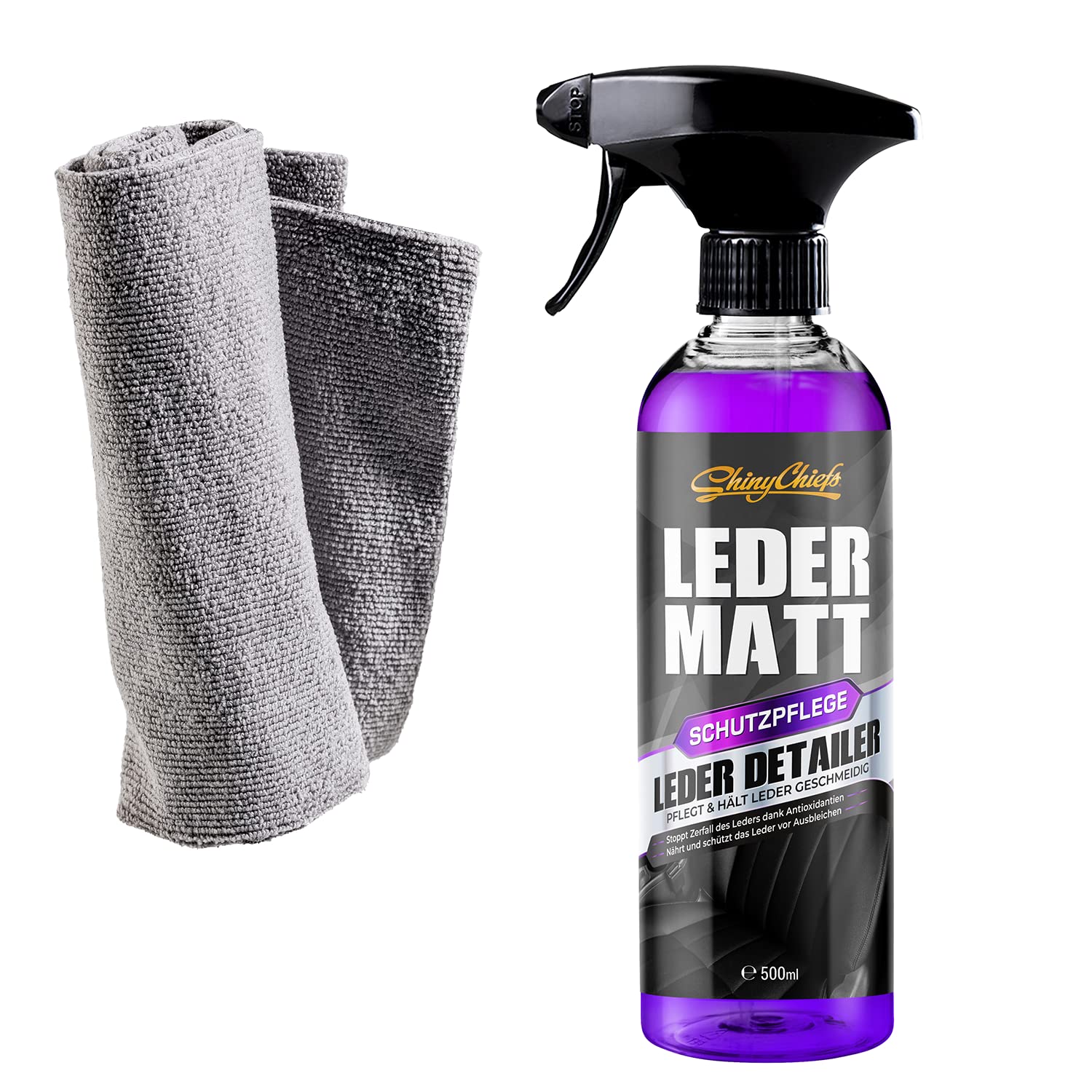 ShinyChiefs Leder MATT Detailer Set - Versiegelnde Lederpflege mit Matt-Effekt für Glatt- und Kunstleder im Fahrzeug - Anti Glanz Leder-Pflegespray für Autositze und Lenkräder, Mikrofasertuch 500ml von ShinyChiefs