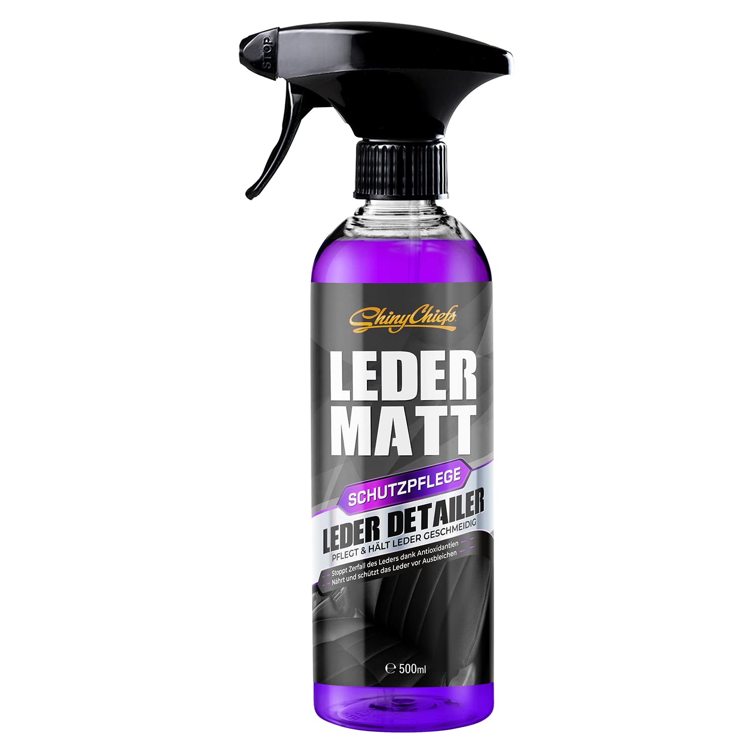 ShinyChiefs Leder MATT Detailer - Versiegelnde Lederpflege mit Matt-Effekt für Glatt- und Kunstleder im Fahrzeug - Anti Glanz Leder-Pflegespray für Autositze und Lenkräder, lösemittelfrei, 500ml von ShinyChiefs