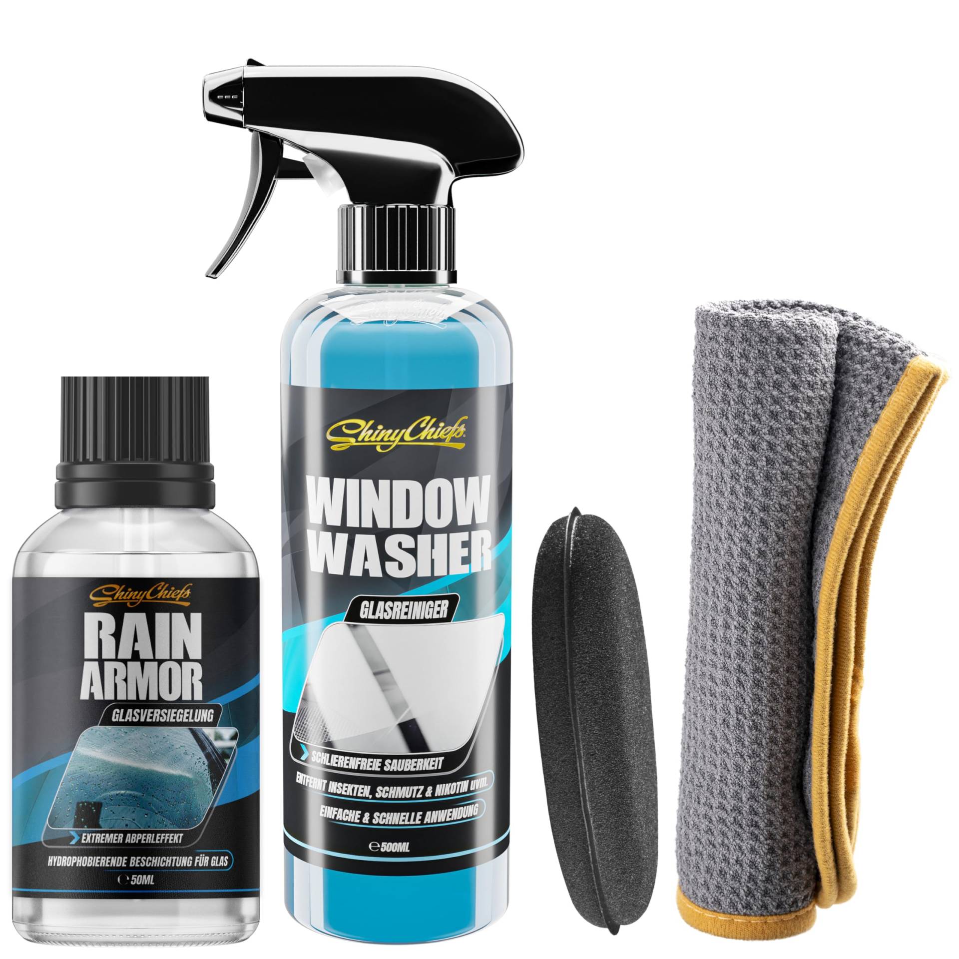ShinyChiefs RAIN AMOR + WINDOW WASHER SET - Schonender Scheibenreiniger für innen & außen mit hoher Schmutzlösekraft + Autoscheiben-Versiegelung mit hydrophobem Schutz, 2 Mikrofasertücher & Applikator ShinyChiefs RAIN AMOR + WINDOW WASHER SET - Schonender Scheibenreiniger für innen & außen mit hoher Schmutzlösekraft + Autoscheiben-Versiegelung mit hydrophobem Schutz, 2 Mikrofasertücher & Applikator von ShinyChiefs