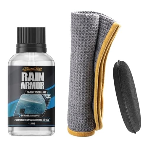 ShinyChiefs RAIN AMOR Set - Autoscheiben-Versiegelung mit hydrophobem Schutz - Lässt Regen und Schnee abperlen - Langer Halt, Glasversiegelung bis zu 2 Monate, 50ml, Microfasertuch & Applikatorpad von ShinyChiefs