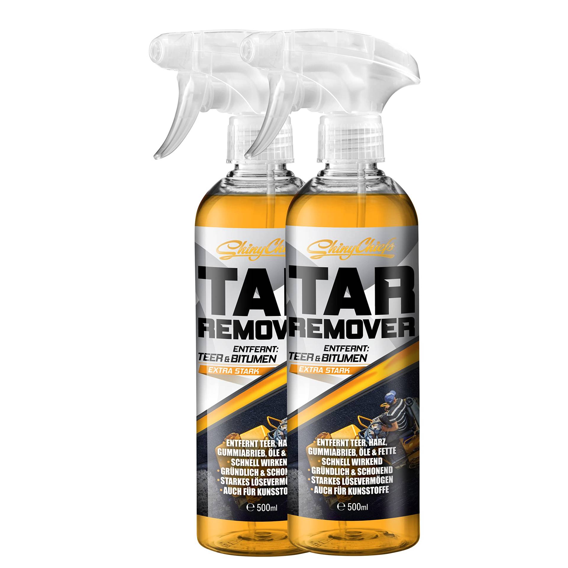 ShinyChiefs Tar Remover- Schnell wirkender Teerentferner Auto - Entfernt Teer, Bitumen sowie Harz-, Fett- und Ölverunreinigungen von Allen Oberflächen - Extra Starkes Teer-Entferner-Spray, 2x500ml von ShinyChiefs