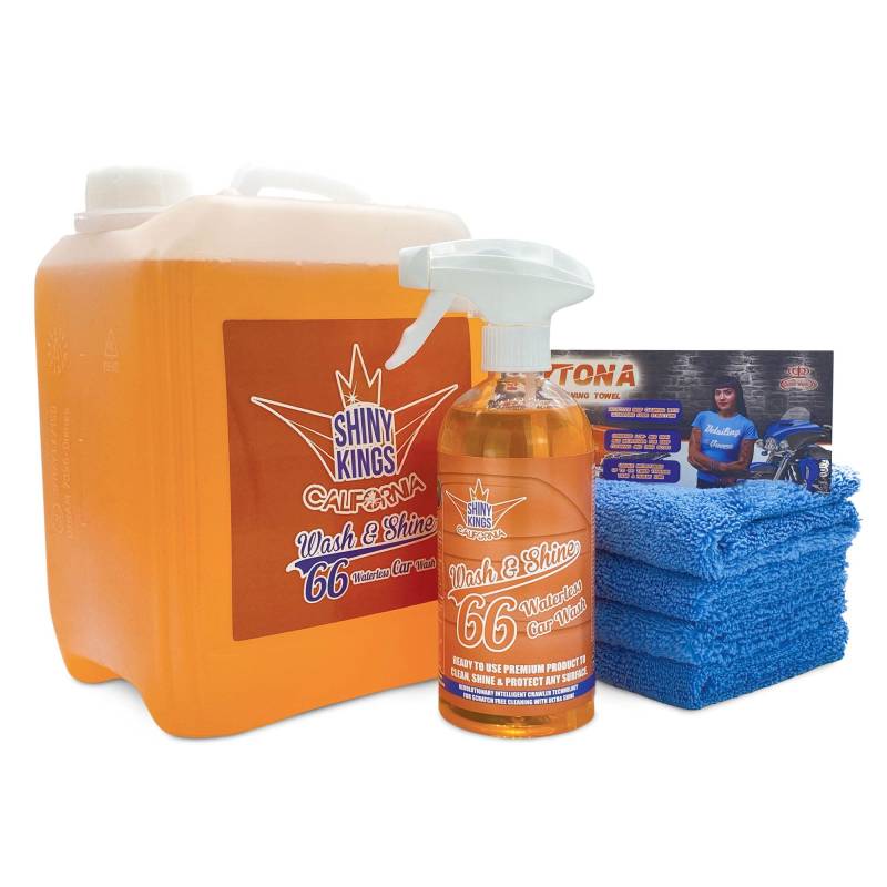 Shinykings Wash&Shine 66 WASSERLOSER Auto Reiniger | Pflege und Schutz inkl. Glanzeffekt für Lack, Chrom-, Alufelgen | 5,5 l mit 4 Mikrofasertüchern | umweltfreundlich und biologisch abbaubar von Shinykings