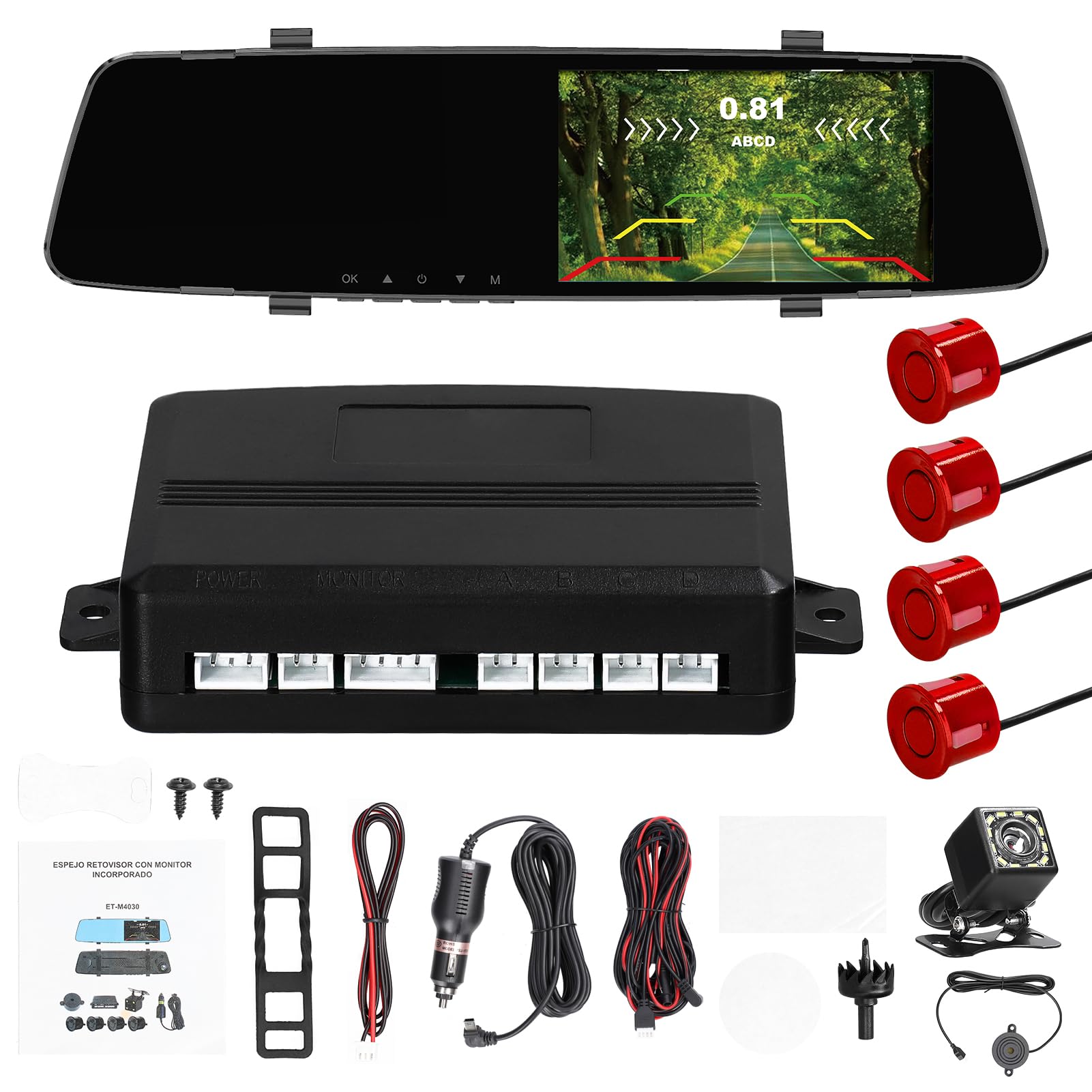 Shkalacar 1080P DVR Dashcam mit 4 Parksensoren, Rückfahrradar System vorne und hinten mit 4,3 Zoll Bildschirm, Unterstützt Dual Kamera Fahrrekorder Nachtsicht/Bewegungserkennung/Kollisionssperre,Rot von Shkalacar