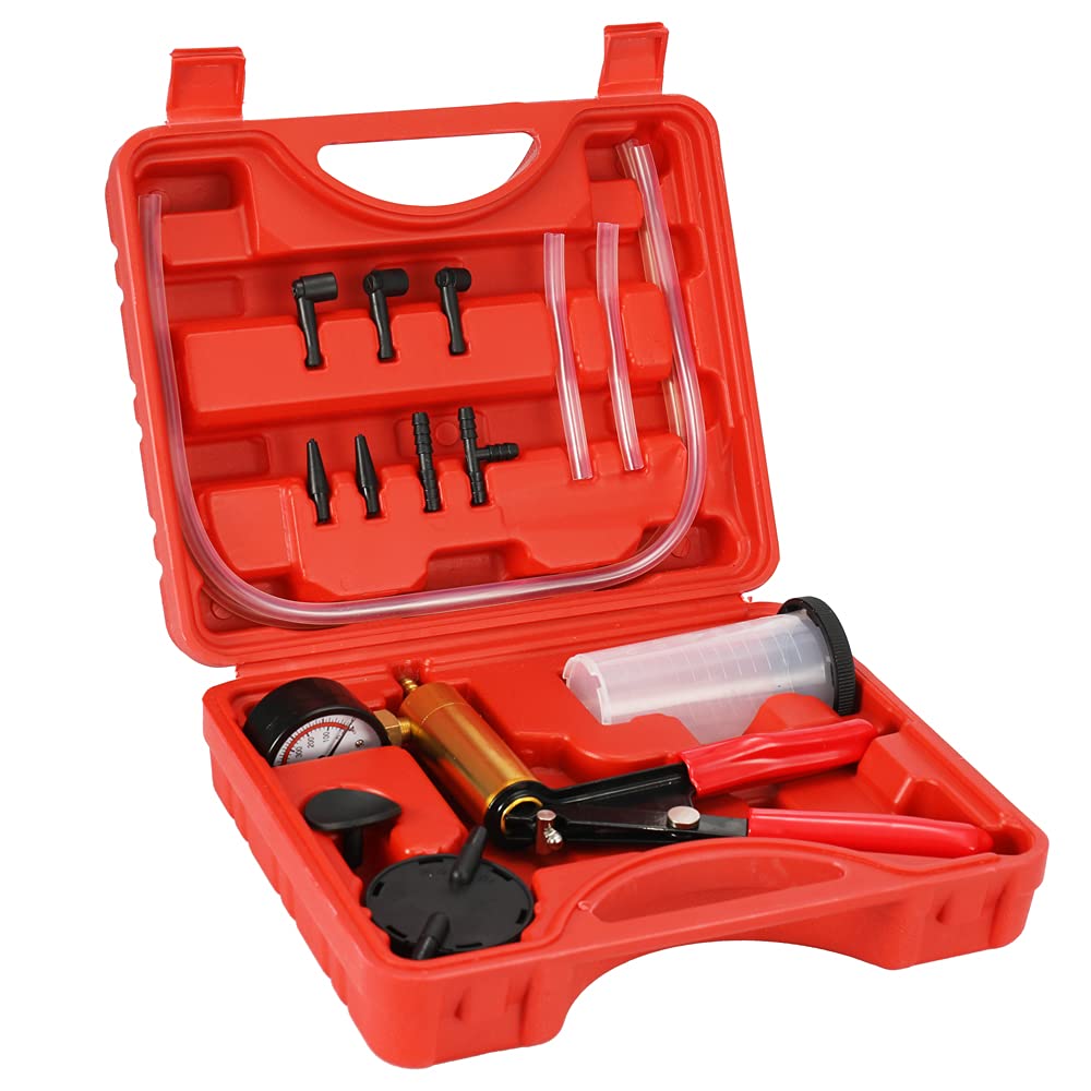 Shkalacar 17 pcs Professionelle Auto Hand Vakuum Druckpumpe, Bremsentlüftungsadapter Flüssigkeitsbehälter,Vakuumentlüftung Testkits Kits 2 in 1 Werkzeugsatz von Shkalacar