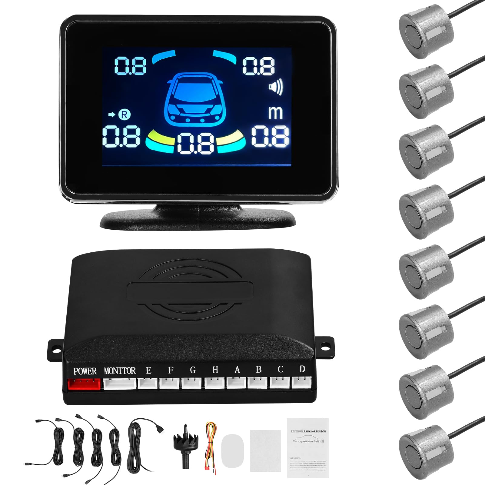 Shkalacar Einparkhilfe, Rückfahrhilfe vorne hinten mit 8 Parksensoren, Abstandserkennung, LCD Abstandsanzeige, Unterstützt akustische Warnung/Summer/Stummschaltung, Parksensor für 12V Fahrzeugen,Grau von Shkalacar