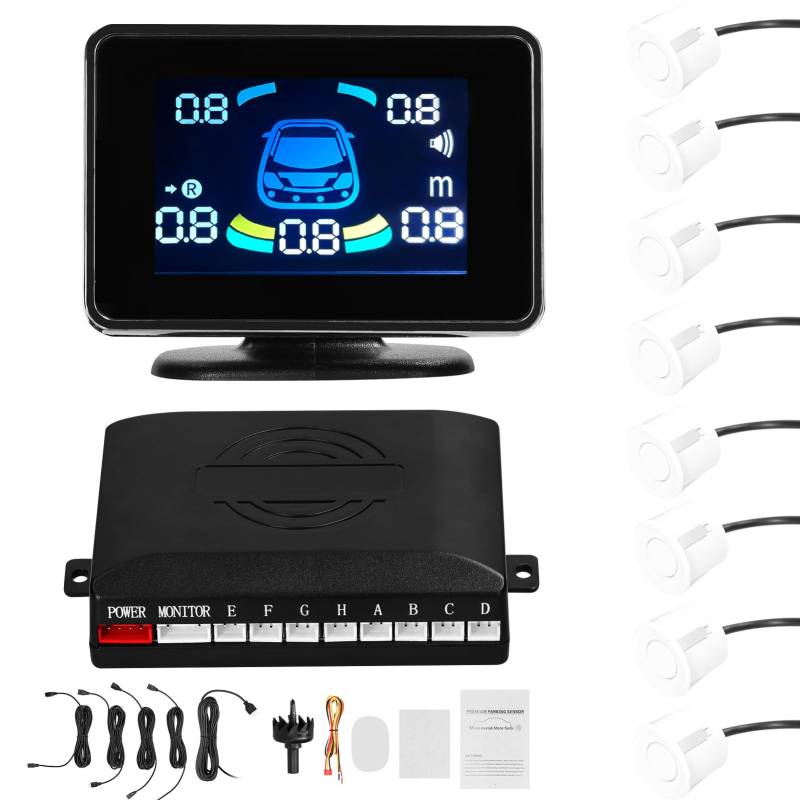 Shkalacar Einparkhilfe, Rückfahrhilfe vorne hinten mit 8 Parksensoren, Abstandserkennung, LCD Abstandsanzeige, Unterstützt akustische Warnung/Summer/Stummschaltung, Parksensor für 12V Fahrzeugen, Weiß von Shkalacar