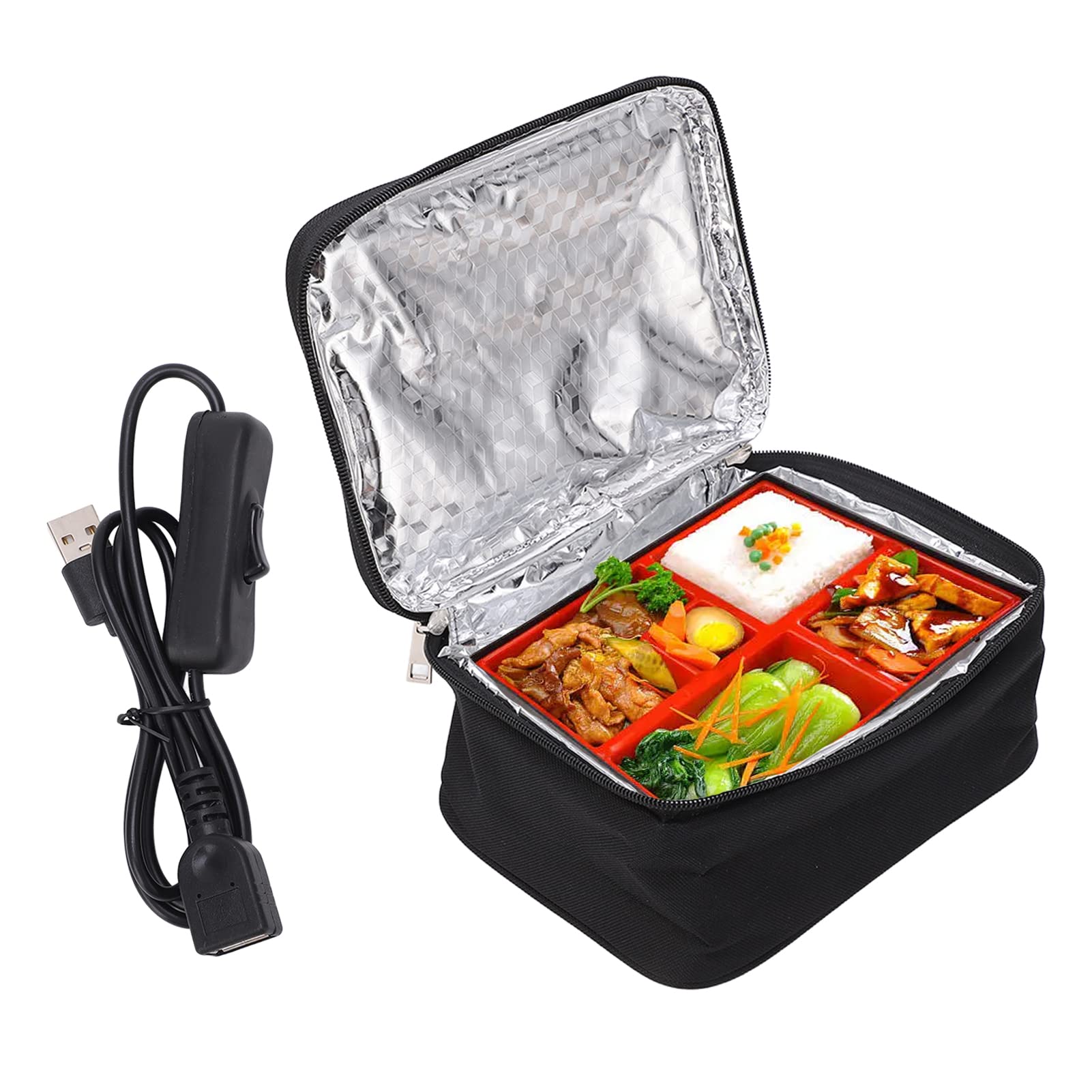Shkalacar Elektrische Beheizte Lunchbox, 5V 9W Tragbarer Brotdose mit USB Schnittstelle, Aluminiumfolienfutter, Auslaufsicherer Lunchbox für Auto LKW Büro(Schwarz) von Shkalacar