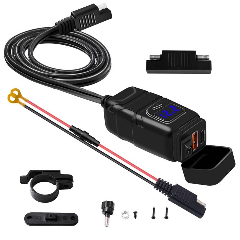 Shkalacar Motorrad USB Steckdose, USB+Typ-C Ladegerät, Adapter USB auf Zigarettenanzünder 12V-24V, Ladegerät QC3.0 mit Voltmeter EIN/Aus-Schalter für Telefon-Tablet 7/8-Zoll-Lenker von Shkalacar