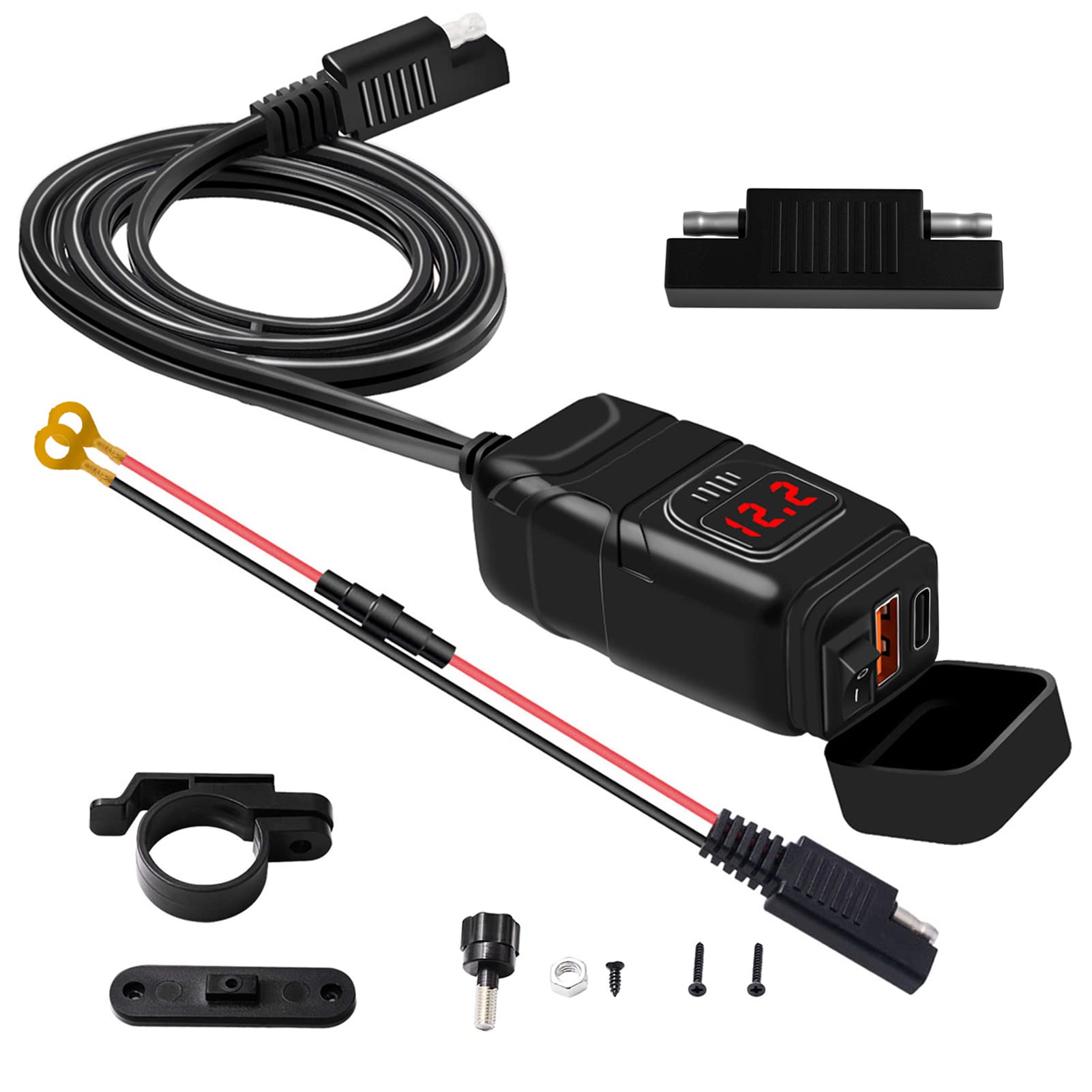Shkalacar Motorrad USB Steckdose, USB+Typ-C Ladegerät, Adapter USB auf Zigarettenanzünder 12V-24V, Ladegerät QC3.0 mit Voltmeter EIN/Aus-Schalter für Telefon-Tablet 7/8-Zoll-Lenker Shkalacar Motorrad USB Steckdose, USB+Typ-C Ladegerät, Adapter USB auf Zigarettenanzünder 12V-24V, Ladegerät QC3.0 mit Voltmeter EIN/Aus-Schalter für Telefon-Tablet 7/8-Zoll-Lenker von Shkalacar
