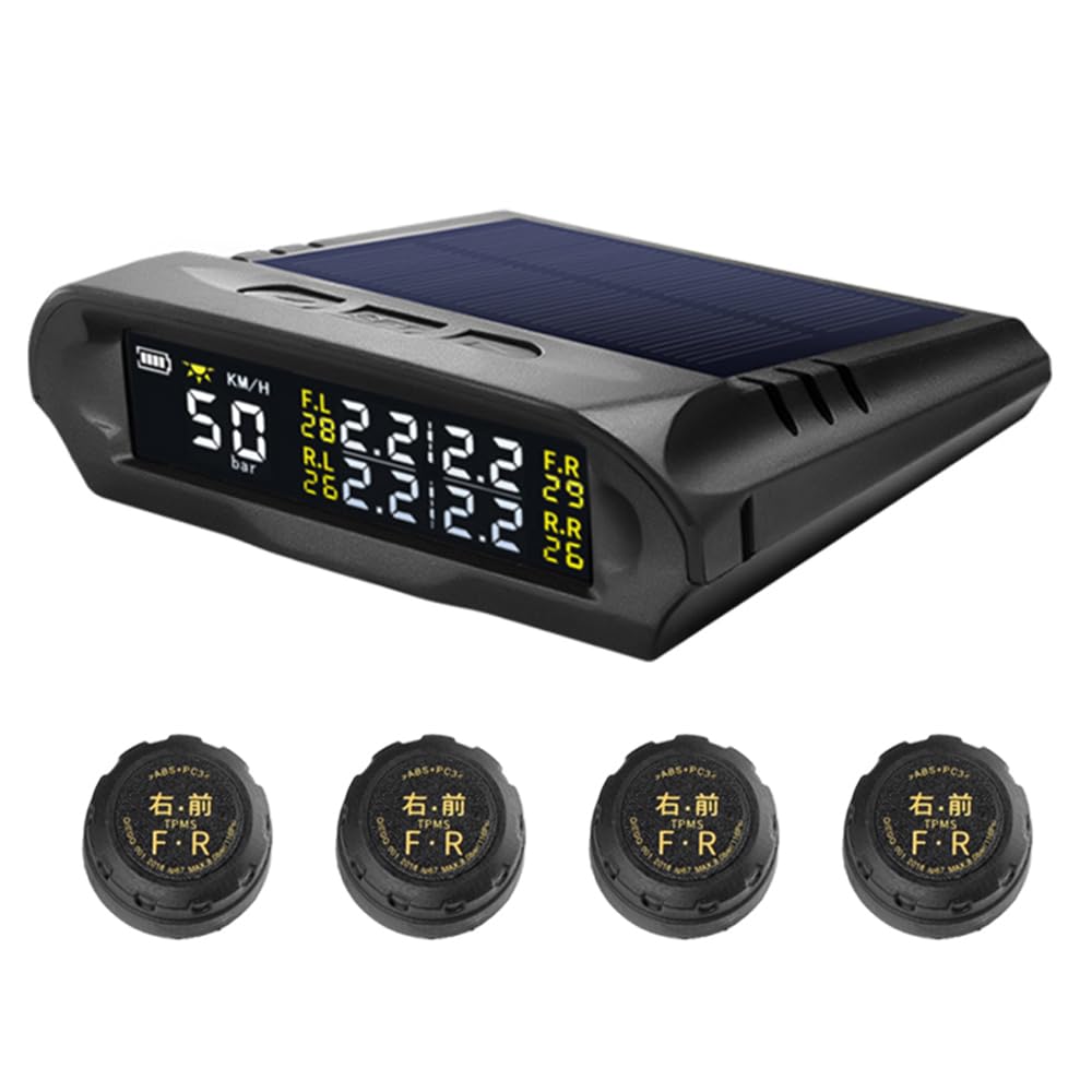 Shkalacar Solar Reifendruckkontrollsystem, Kabelloses Headup Display mit Reifendruck Detektor, LCD Bildschirm, 4 Sensoren, GPS, Digitaler Tachometer mit Alarmfunktion für Auto Van SUV,Externer Sensor von Shkalacar