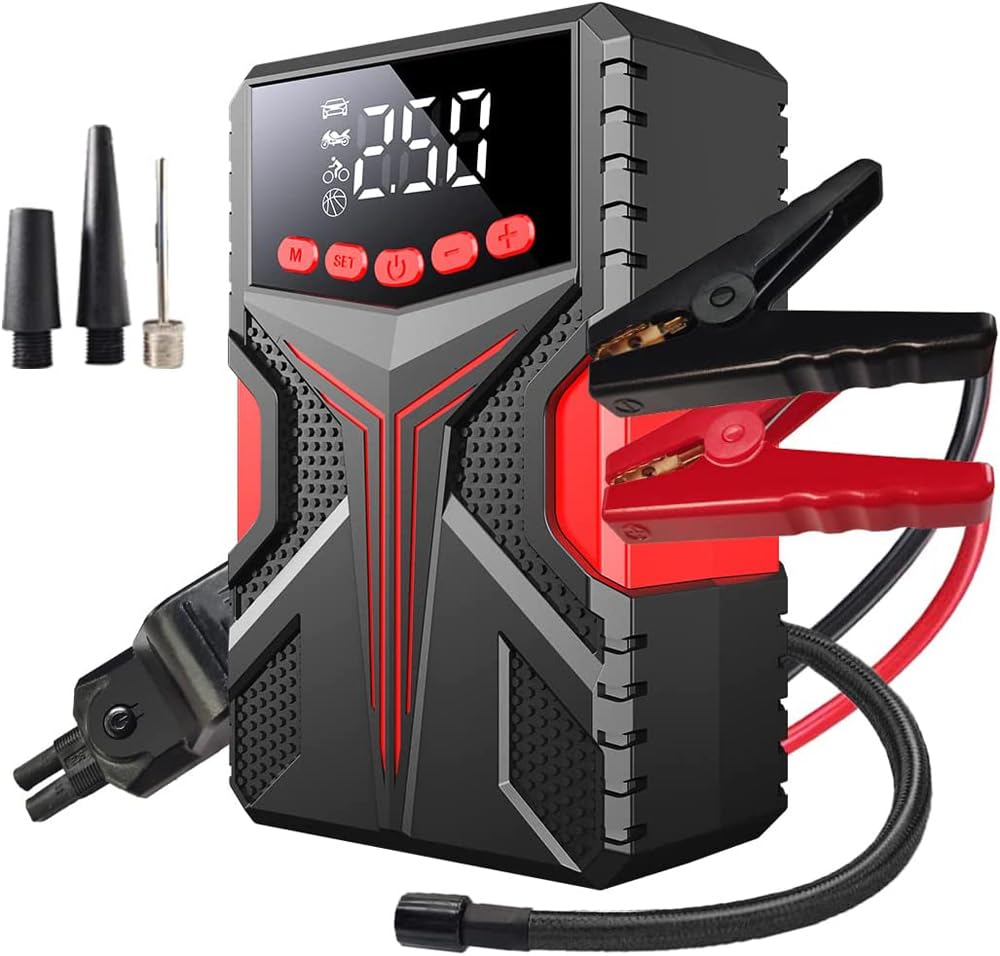 Shkalacar Starthilfe Powerbank, 2000A 150PSI Multifunktionale Auto Starthilfe mit Luftkompressor, LED Licht Powerbank, Peaks Batterie Booster Kraftpaket (bis zu 6,5 l Benzin- oder 4,0 l Dieselmotoren) von Shkalacar