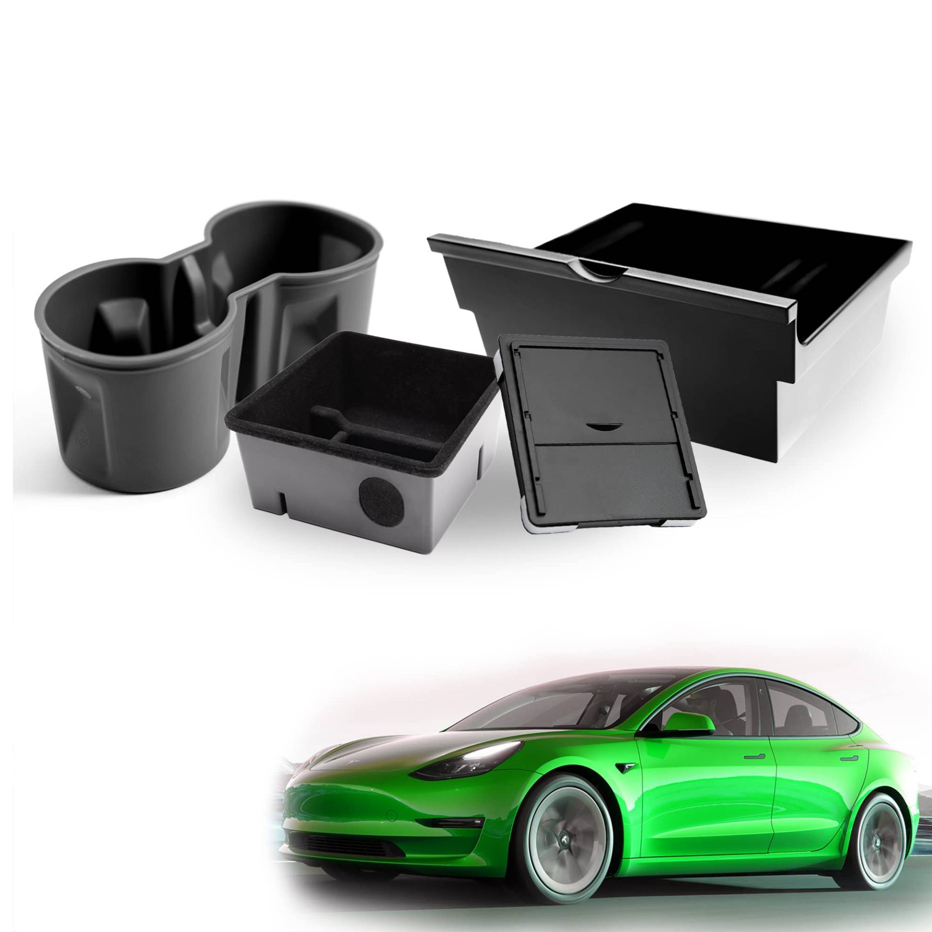 Shop4EV Cockpit Bundle für Tesla Y (alle) & 3 (vor 10/23) – Organizer & Geheimfach Mittelkonsole, Becherhalter. Optimaler Stauraum, beflocktes Innenfutter, Robustes ABS. Sparset von Shop4EV