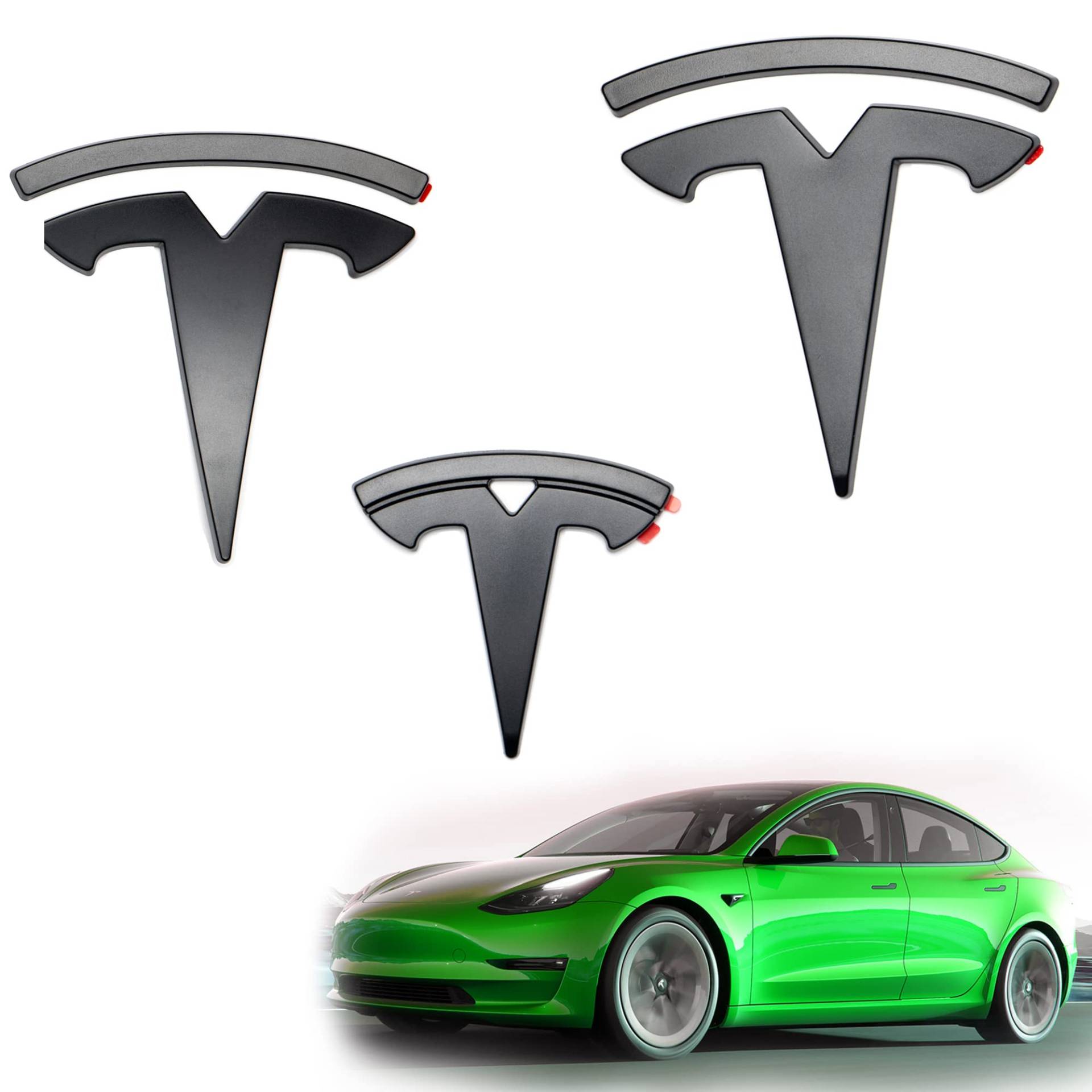 Shop4EV Matt-Schwarzes Logo-Emblem-Set für Tesla Model 3 (vor 10/23) - 3-teiliges Komplettset für Front, Heckklappe & Lenkrad von Shop4EV
