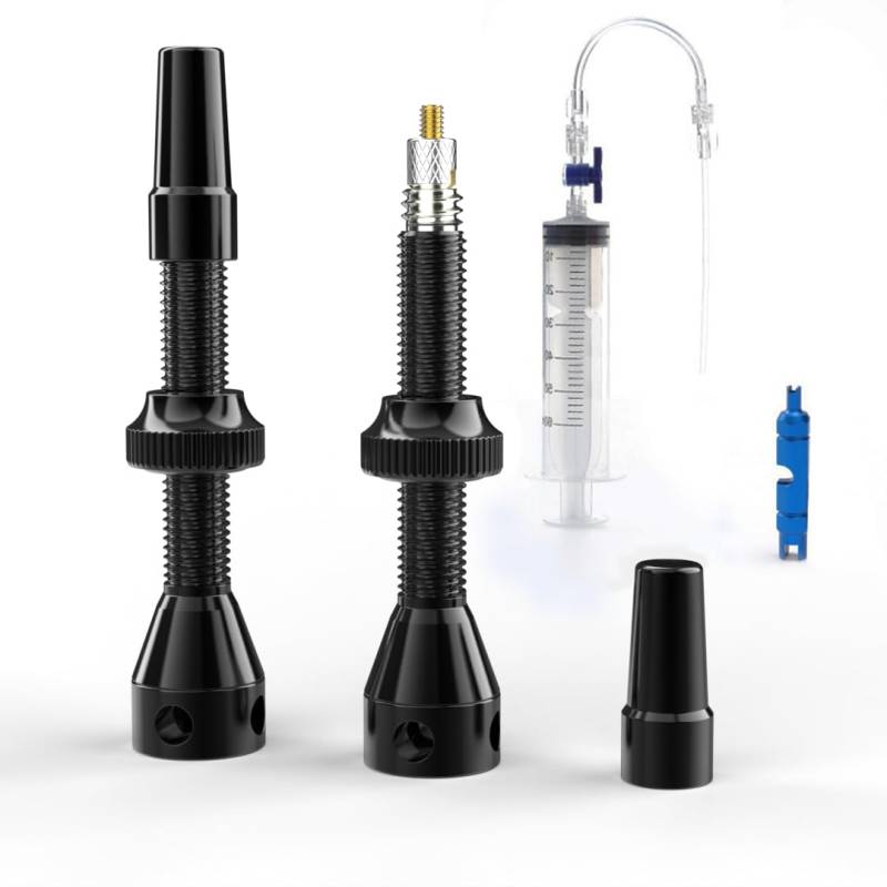 Shredr. Tubeless Ventile Set, schwarz | Komplettes Set inkl. Tubeless Spritze | Superleicht Alu, Black eloxiert, französisches Ventil Presta, 44mm für MTB-Felgen von Shredr.
