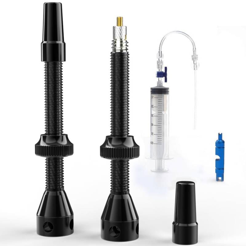 Shredr. Tubeless Ventile Set, schwarz | Komplettes Set inkl. Tubeless Spritze | Superleicht Alu, schwarz eloxiert, französisches Ventil Presta, 60mm für Rennrad-Felgen von Shredr.