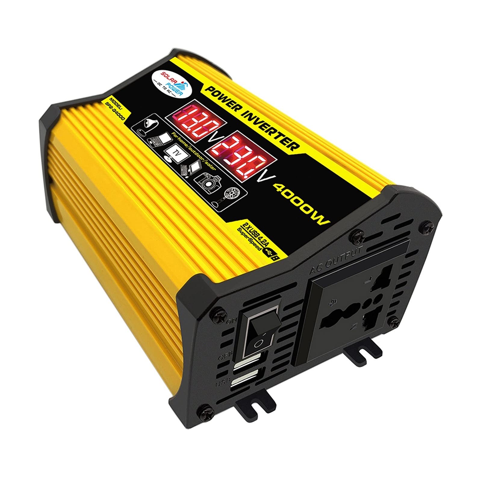Wechselrichter Auto,Wechselrichter für Fahrzeuge 4000W 12V bis 220V / 110V Display Autoleistung Inverter Konverter Adapter Dual USB Spannungstransformator modifiziertes Sinuswellenauto(Yellow DC12V AC von Shupiquant