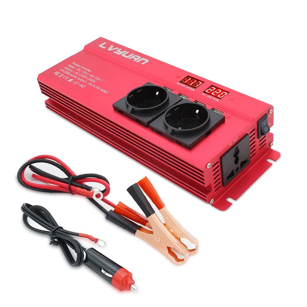 Wechselrichter Auto,Wechselrichter für Fahrzeuge Auto Inverter 6000W Peak DC 12V / 24V bis AC 220V Display Inverter Volt Converter Ladegerät Inverser Transformer(12V Red) von Shupiquant