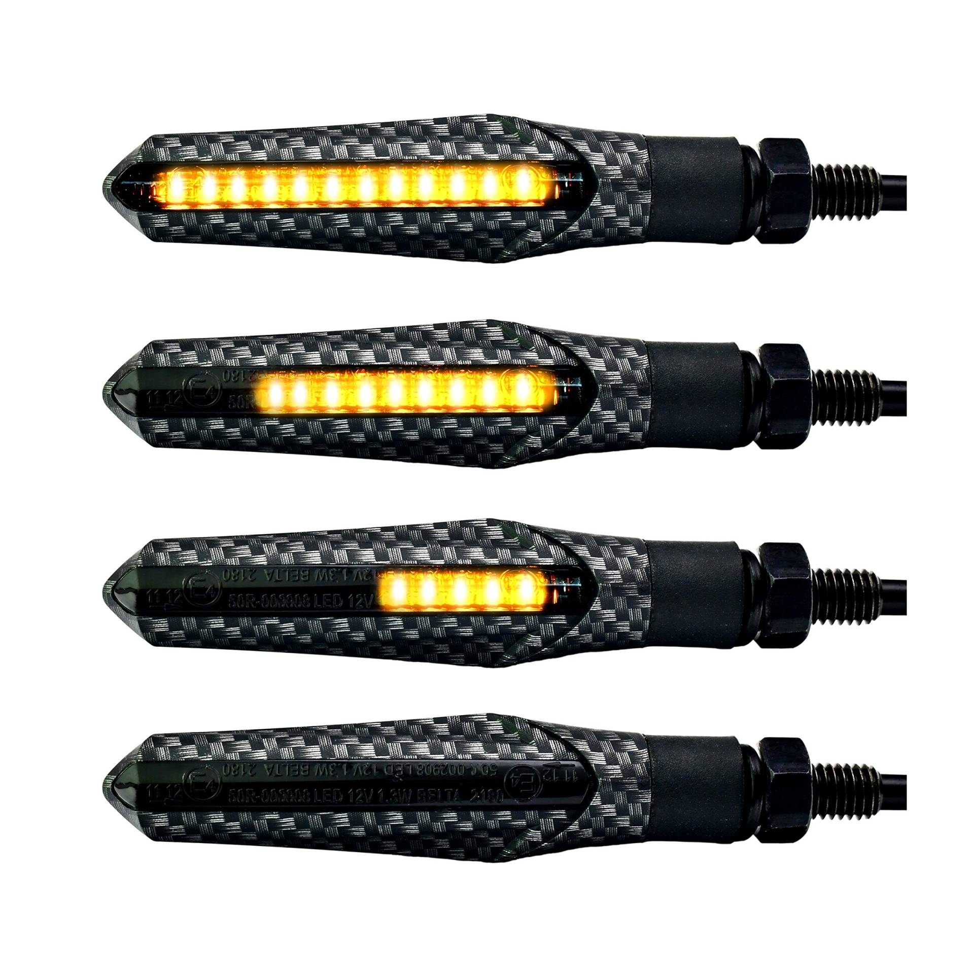 Simda Pro Motorrad Blinker LED Lauflicht Schwarz Carbon Design E mark Miniblinker Universal Sequentiell Laufeffekt Quad ATV Roler Lauflichtblinker Wasserprüf IP67 von Simda Pro