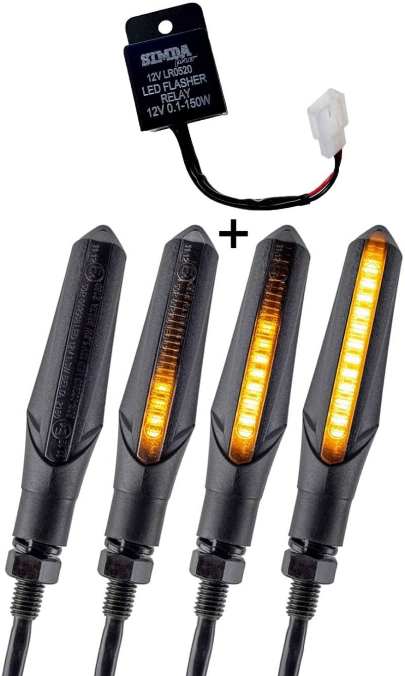 Simda Pro Led Motorrad Blinker E Mark mit Relais Laufeffekt Roller Lauflicht Sequentiell Schwarz Universal Quad ATV Lauflichtblinker Super Optik und Schön Hell Wasserprüf von Simda Pro