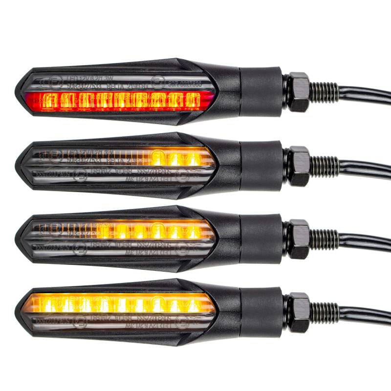 Simda Pro E Mark Led Motorrad Laufeffekt Blinker mit Bremslicht Lauflicht Sequentiell Schwarz Universal Quad ATV Lauflichtblinker Super Optik und Schön Hell Wasserprüf IP67 E Geprüft von Simda Pro