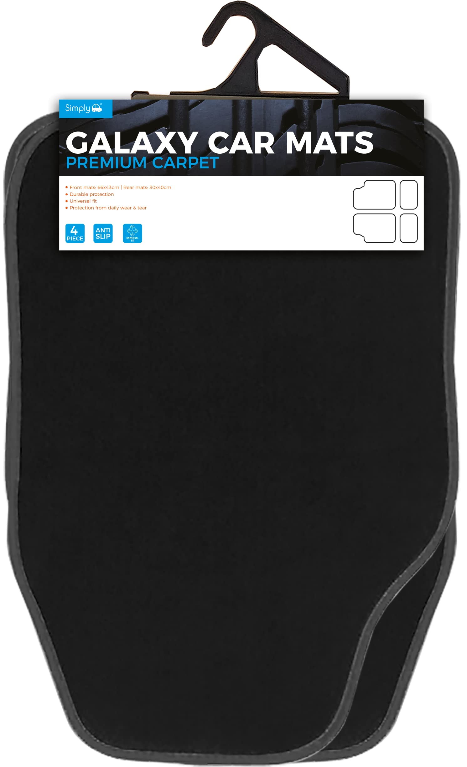 Simply MR900 Galaxy Car (Black Trim), 3-er Set, vorne: 66 x 43 cm, hinten: 30 x 40 cm, 400 Flor Teppich, Rutschfester Griff, universal, passend für die meisten Fahrzeuge, leicht gebürstet von Simply