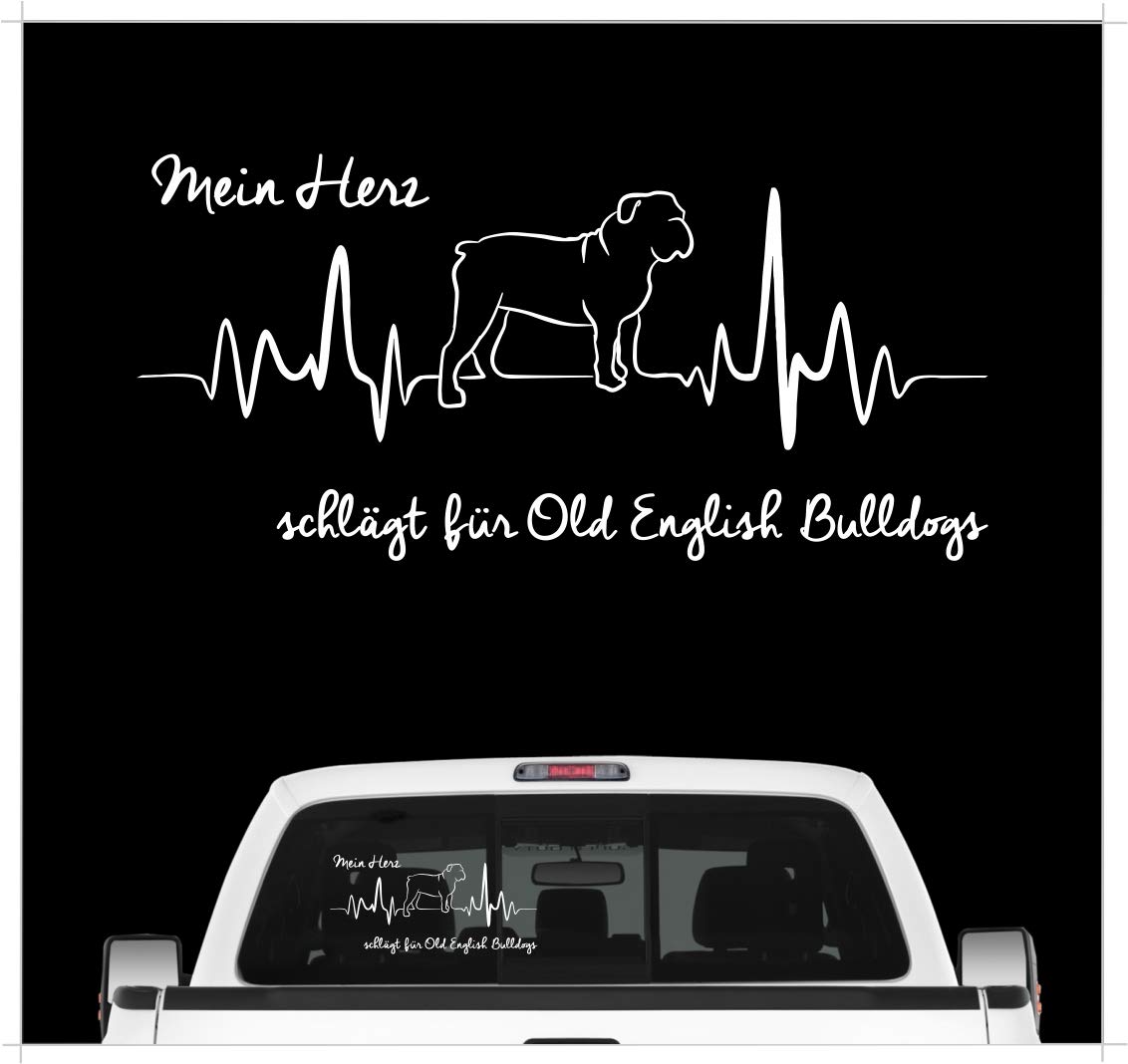 siviwonder Old English Bulldog OEB Aufkleber Auto Herz Heartbeat Hundeaufkleber Hunde Folie Farbe Weiss, Größe 20cm von siviwonder