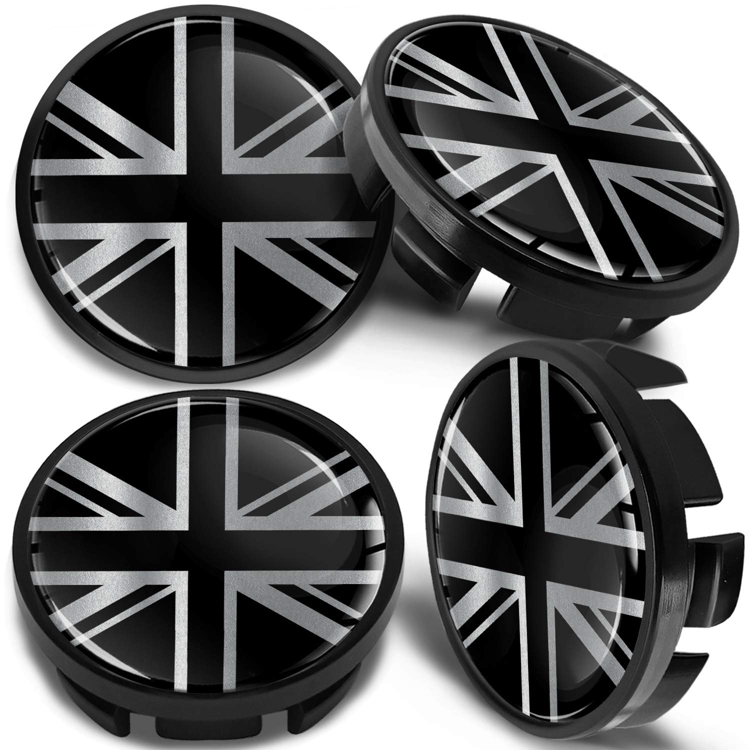 SkinoEu Kompatibel für Nabendeckel VW 65mm Radnabenabdeckung für Alufelgen Felgendeckel Nabenkappe Radkappen UK Großbritannien Flagge Schwarz CV 29 von SkinoEu