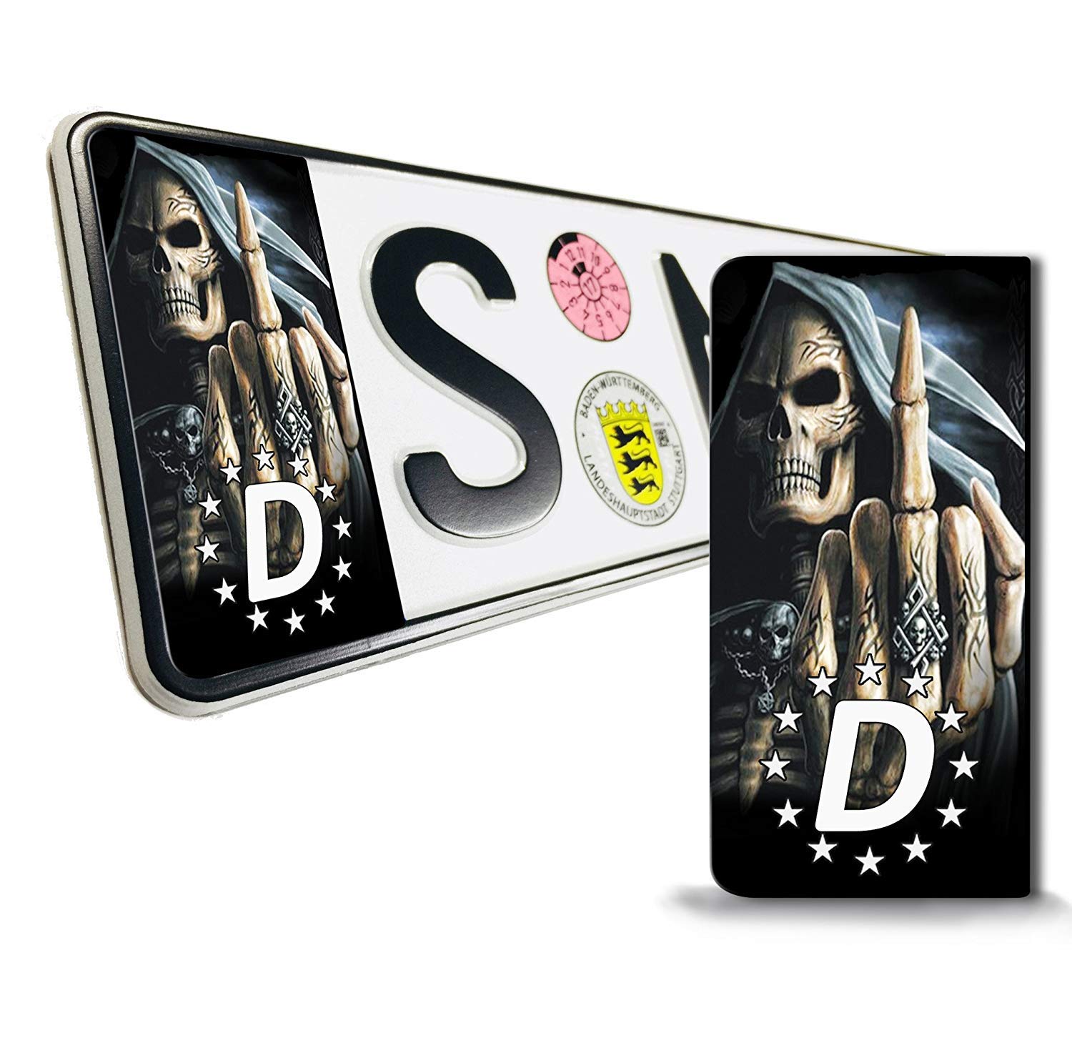 SkinoEu® 2 x Vinyl Aufkleber Nummernschild Kennzeichen JDM Tuning Auto Motorrad Skull Schädel Totenkopf Stickers EU QV 13 von SkinoEu